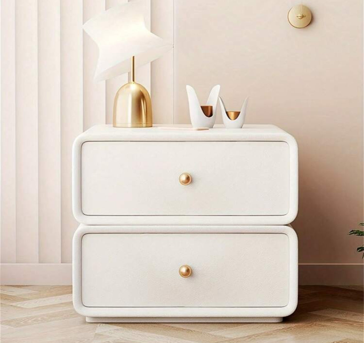 Cream Style Sugar All Solid Wood Bedside Table, Light Luxury Leather Rotatable Storage Cabinet, Modern And Simple Bedroom Rounded Light Luxury Leather Bedside Table