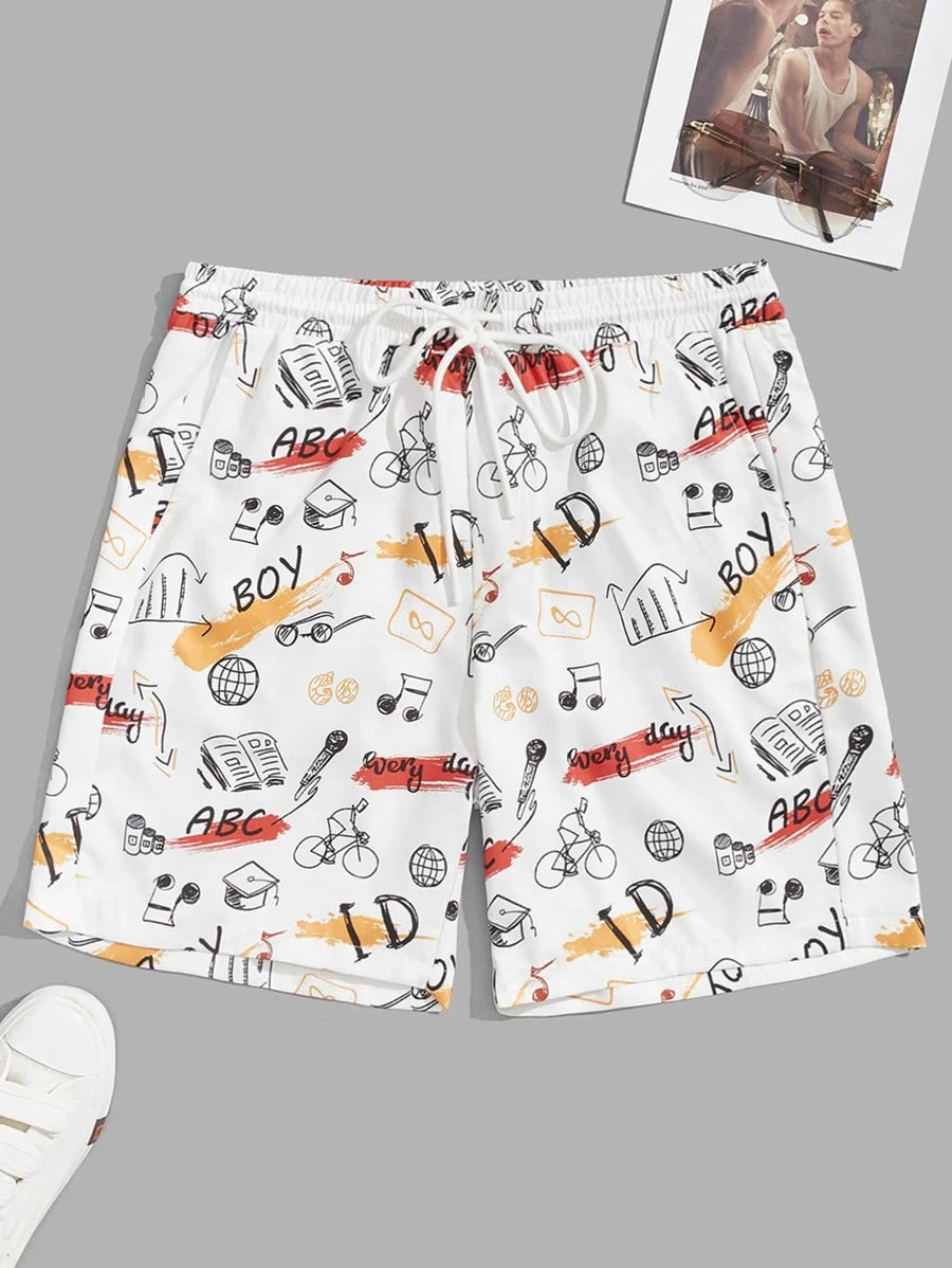 Men Drawstring Waist Figure & Book Pattern Shorts