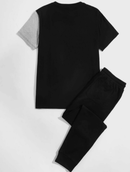 Men Letter Graphic Color Block Tee & Drawstring Waist Sweatpants