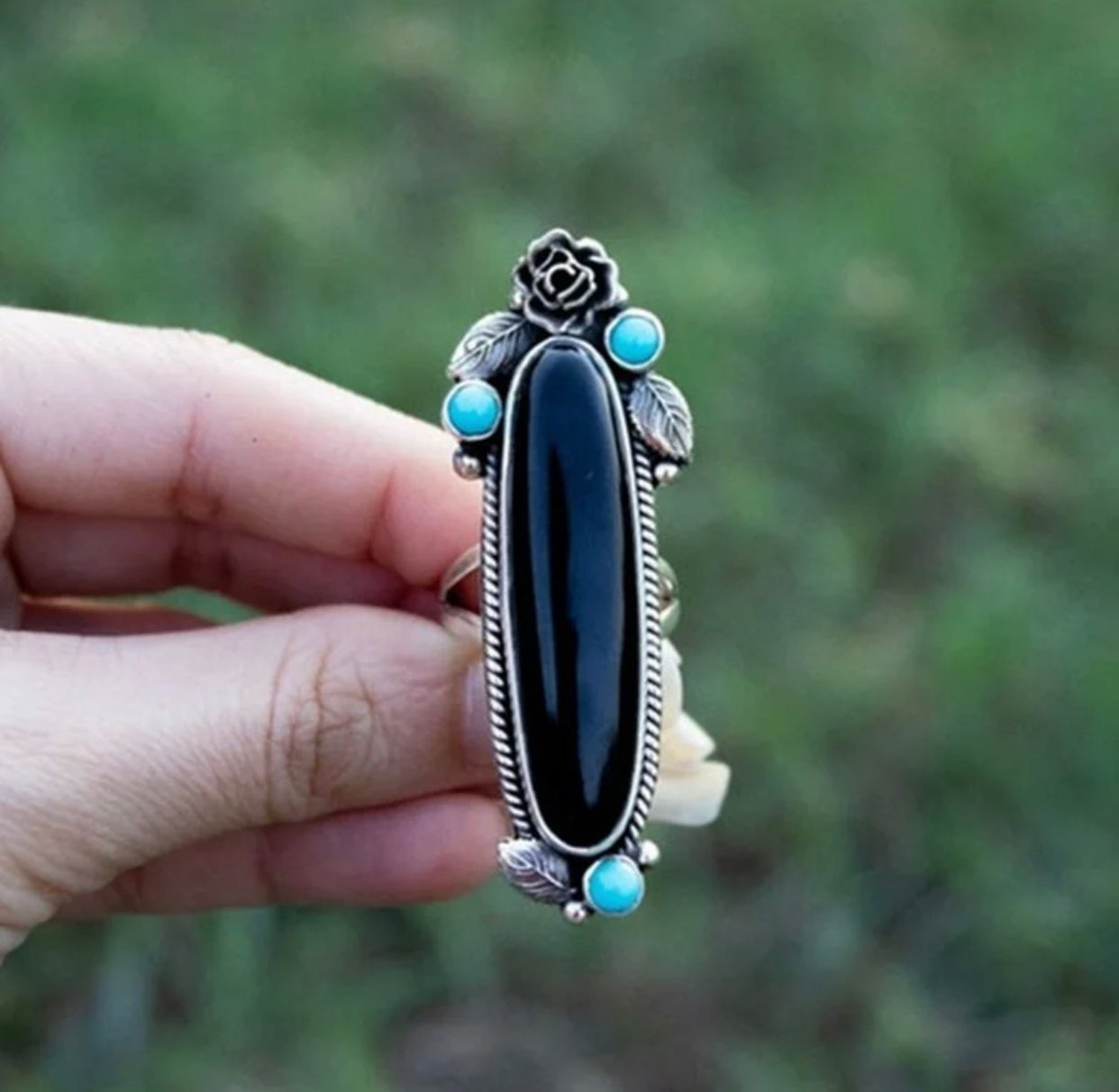 Boho Black Onyx inspired floral accent statement ring. Size 7.