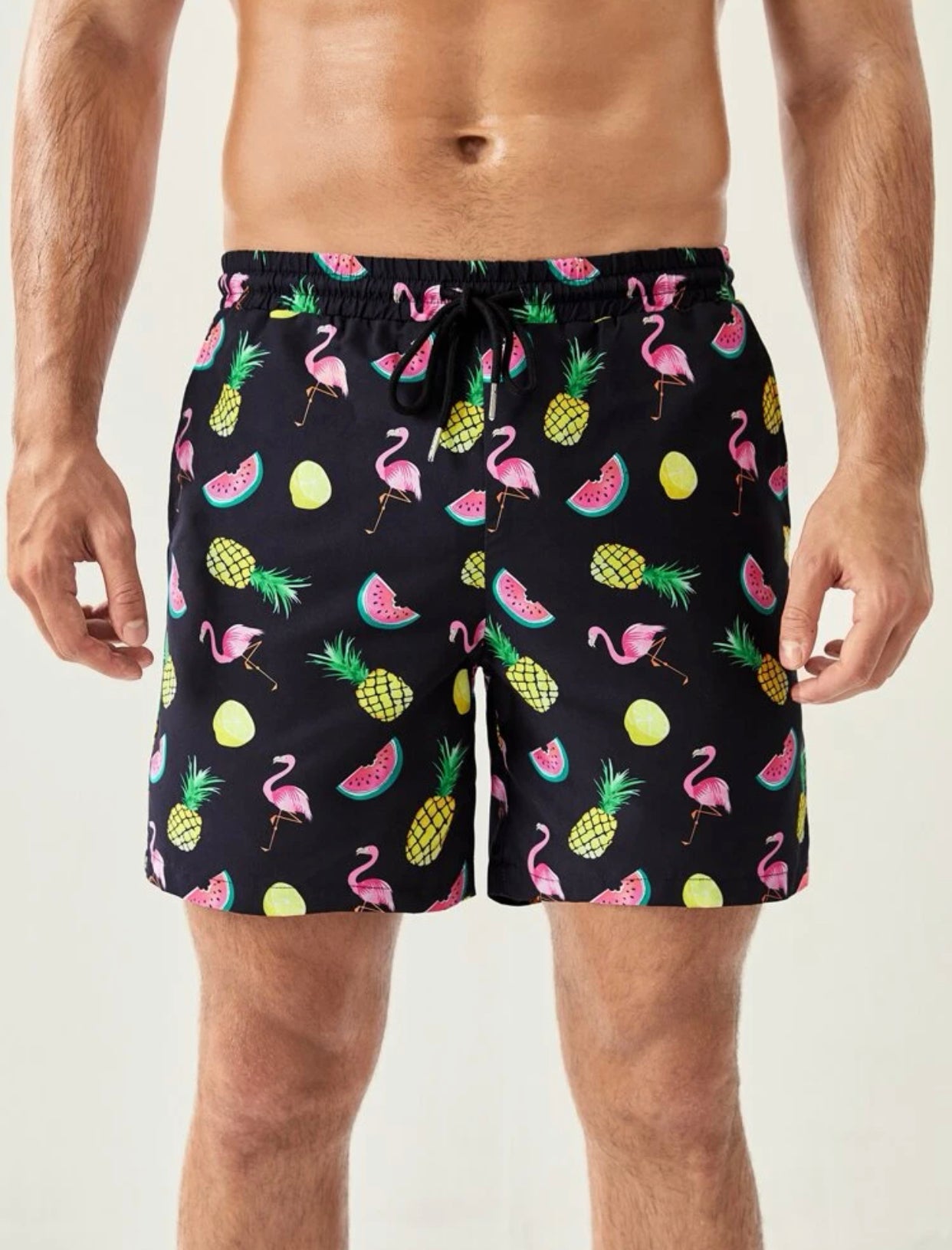 Men’s random fruit & flamingo print drawstring waist swim shorts