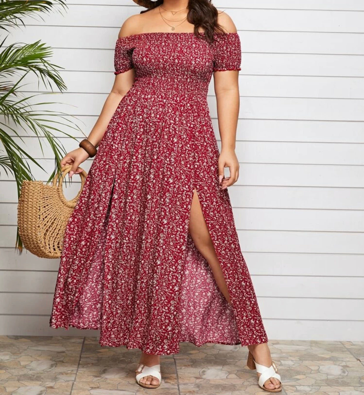 Curve and plus off shoulder split floral dress