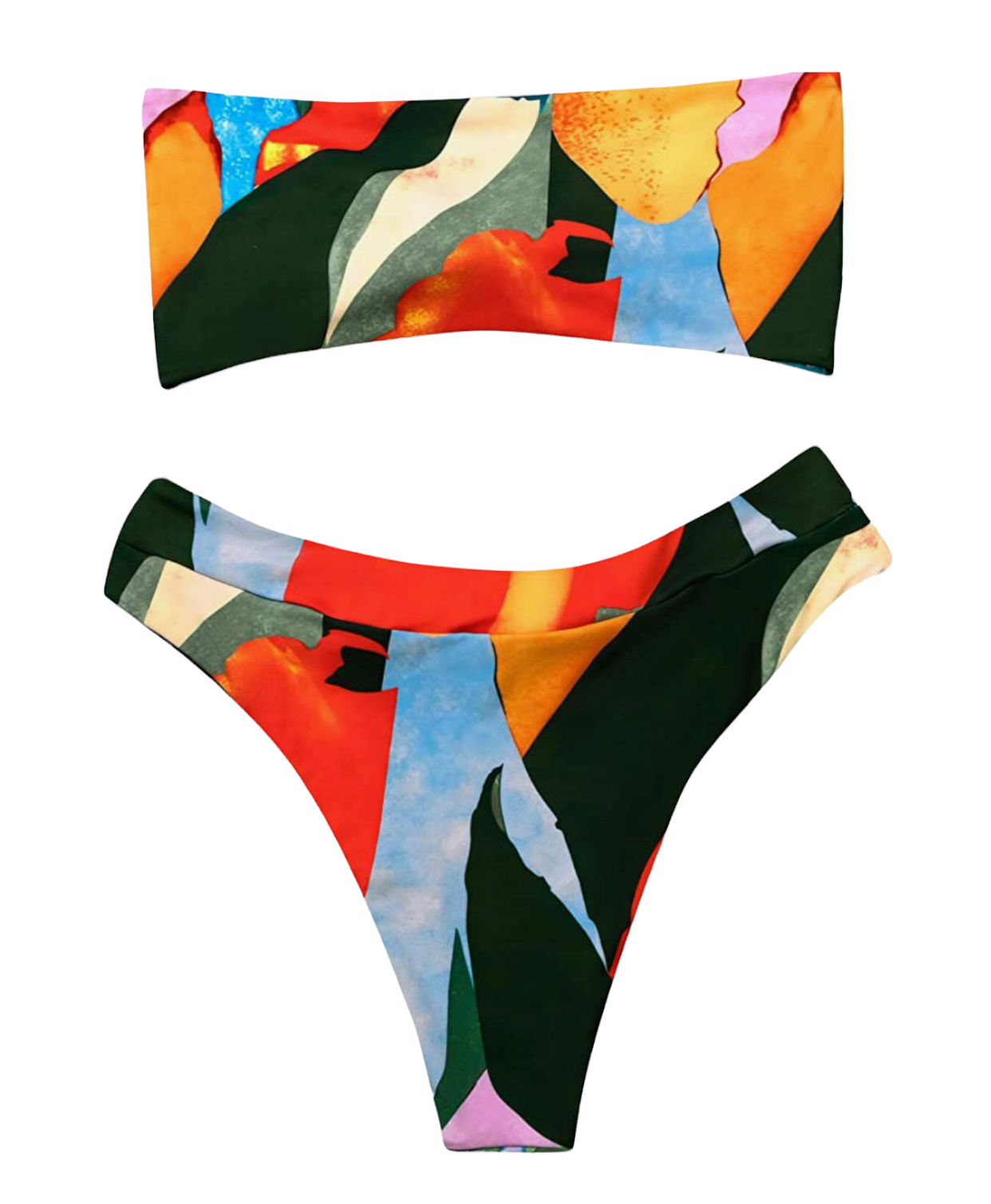 Women's Graphic Swimsuit Tie Front Bandeau and High Waist Panty Bikini Set Bathing Suit. Red (multicolor)