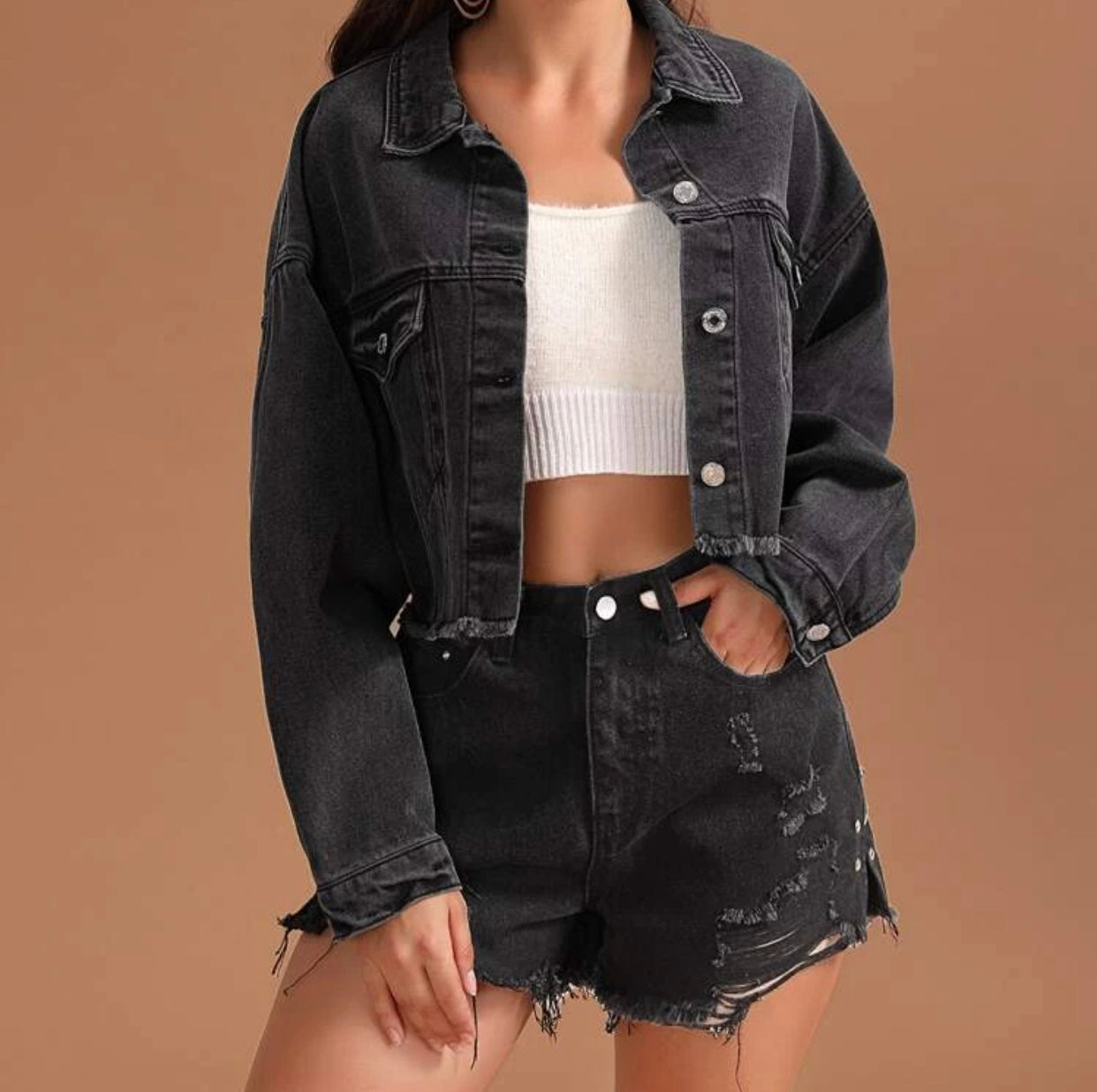 Solid raw hem shoulder denim jacket - Christina’s unique boutique LLC