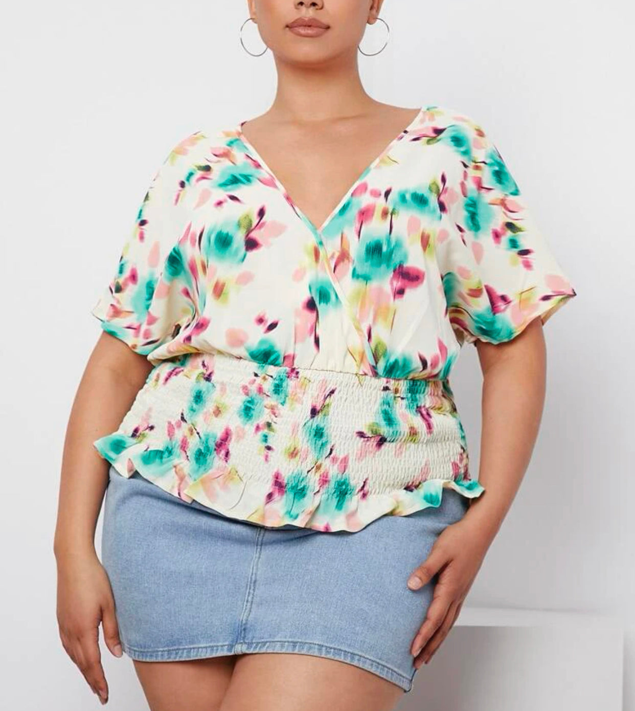 Curve and plus allover print overlap collar dolman sleeve shirred ruffle hem blouse