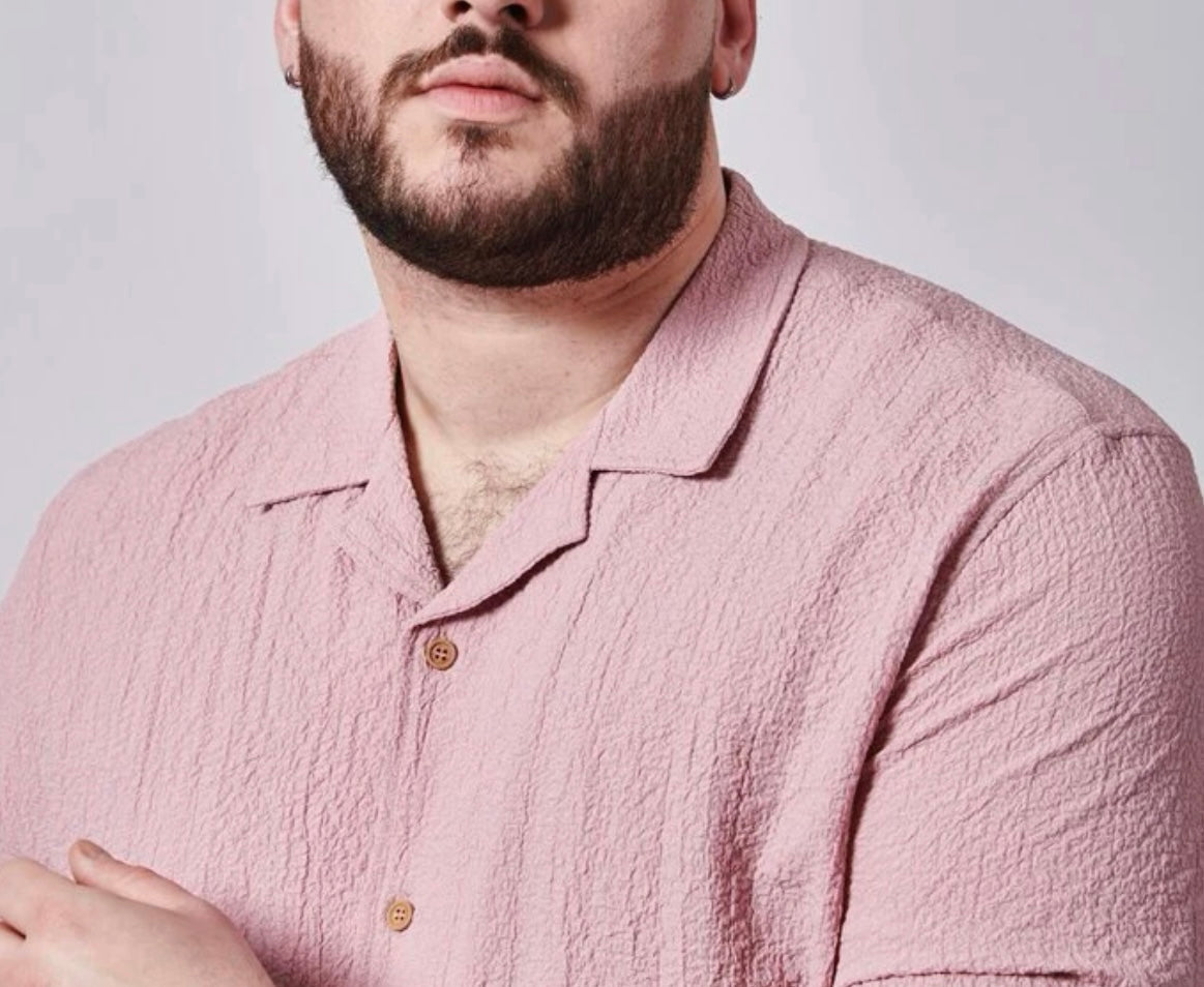 Extended sizes textured lapel neck blouse & striped print shorts