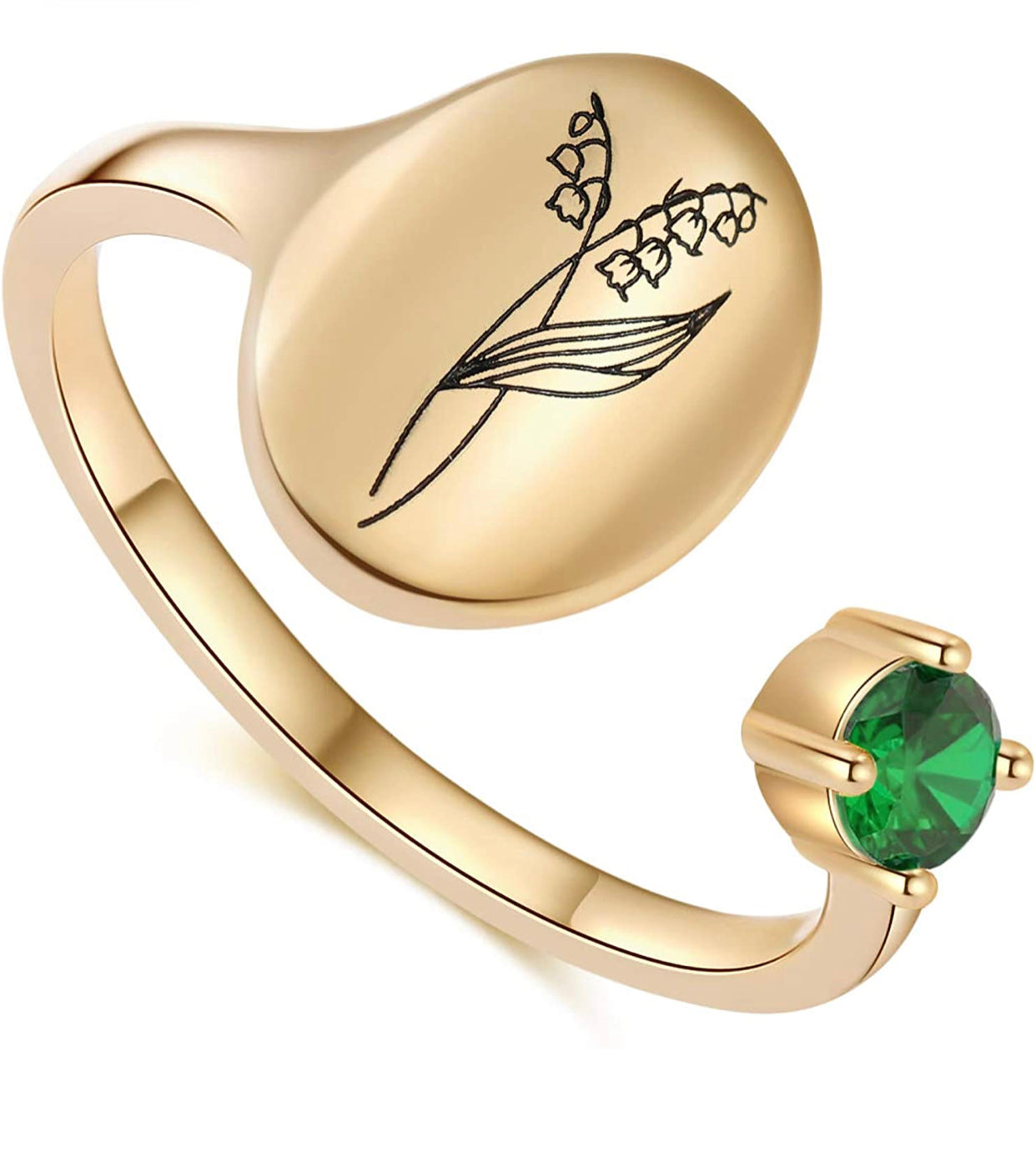 Handmade Birth Month Flower Signet 14K Gold Plated Ring Birth Stone Ring