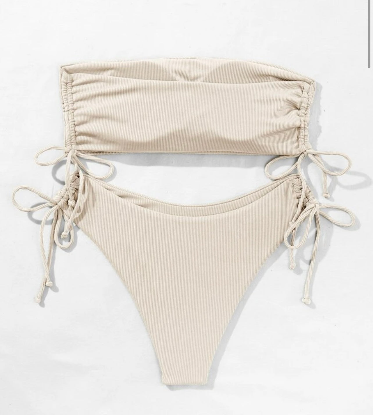 Rib drawstring side bandeau bikini swimsuit