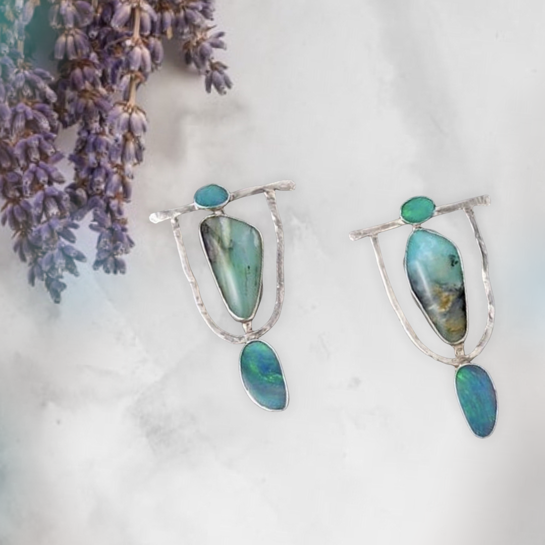 Turquoise and silver ethnic drop earrings