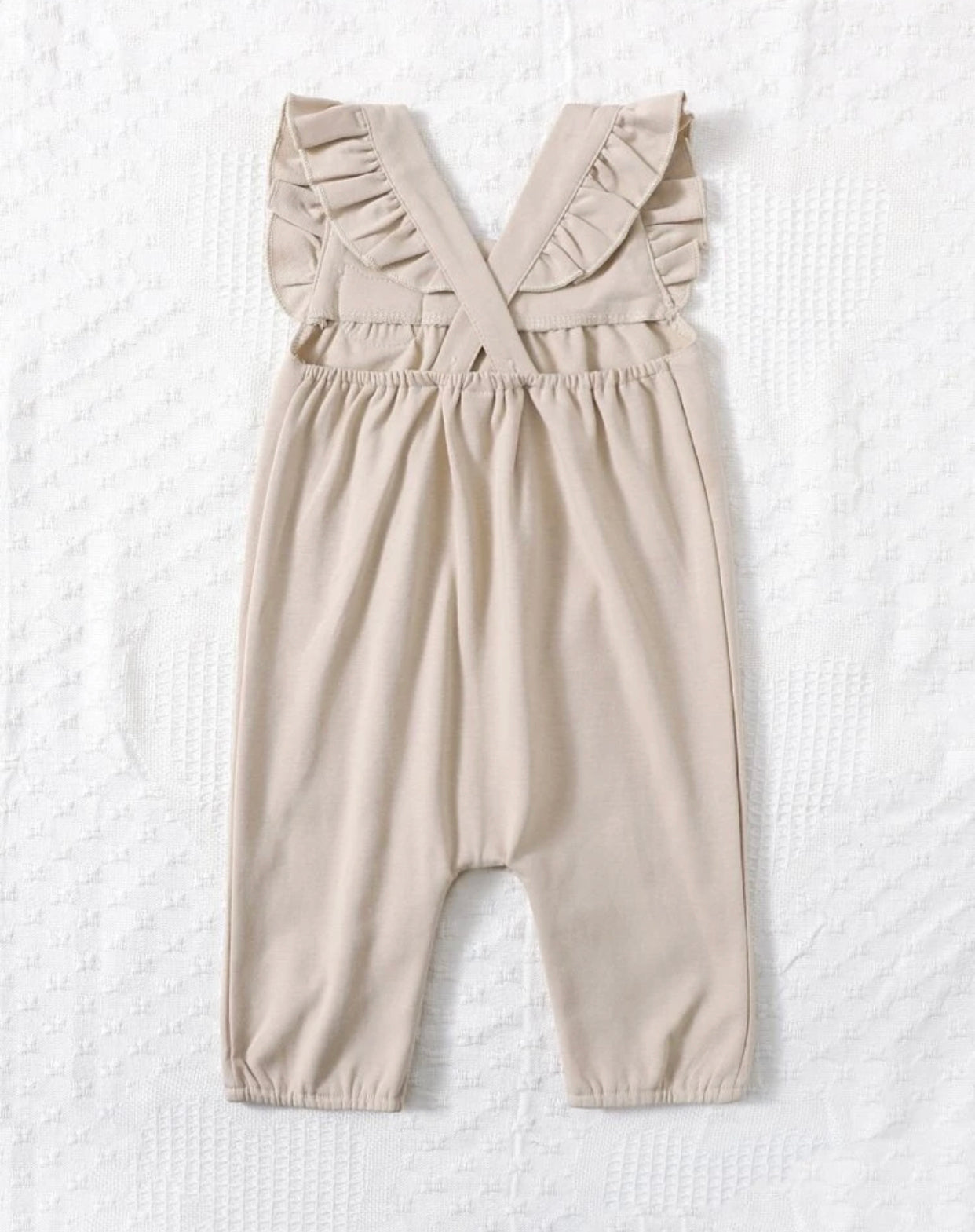 Khaki colored baby girl cartoon patched ruffle trim jumpsuit - Christina’s unique boutique LLC