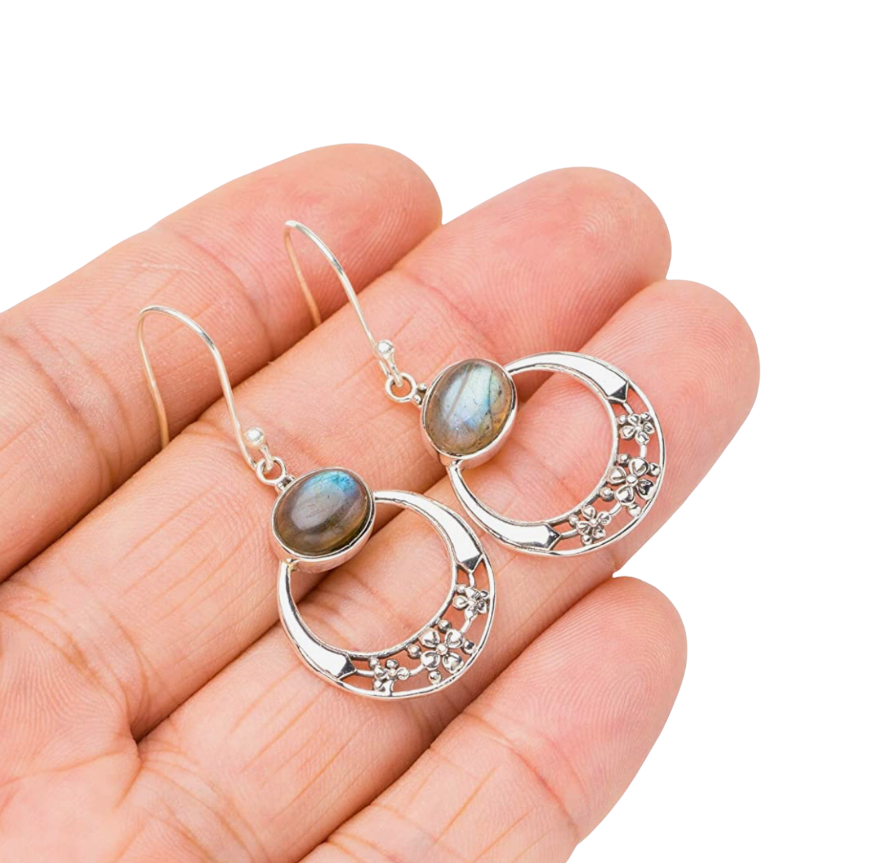 Natural Blue Fire Labradorite Half Moon Handmade 925 Sterling Silver Earrings 1.5"