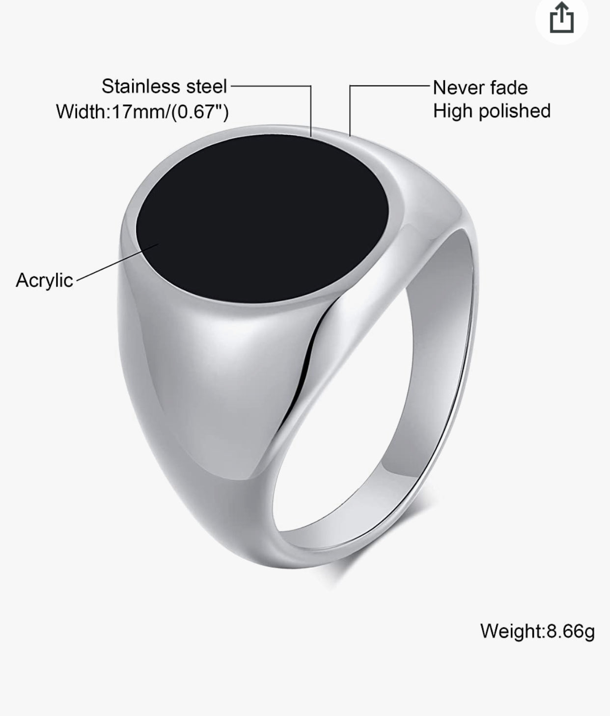 Mens Black Onyx Rings Stainless Steel Square Agate Signet Rings for Men