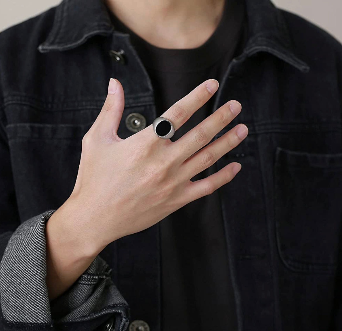 Mens Black Onyx Rings Stainless Steel Square Agate Signet Rings for Men