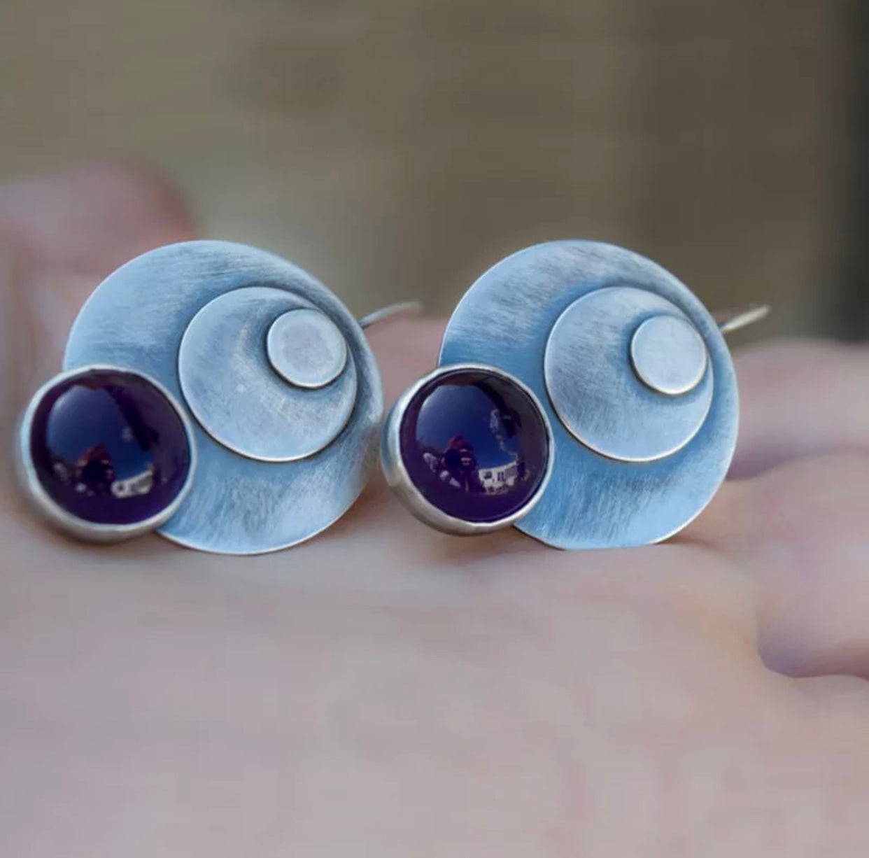 Retro Round Metal Purple Stone Drop Earrings