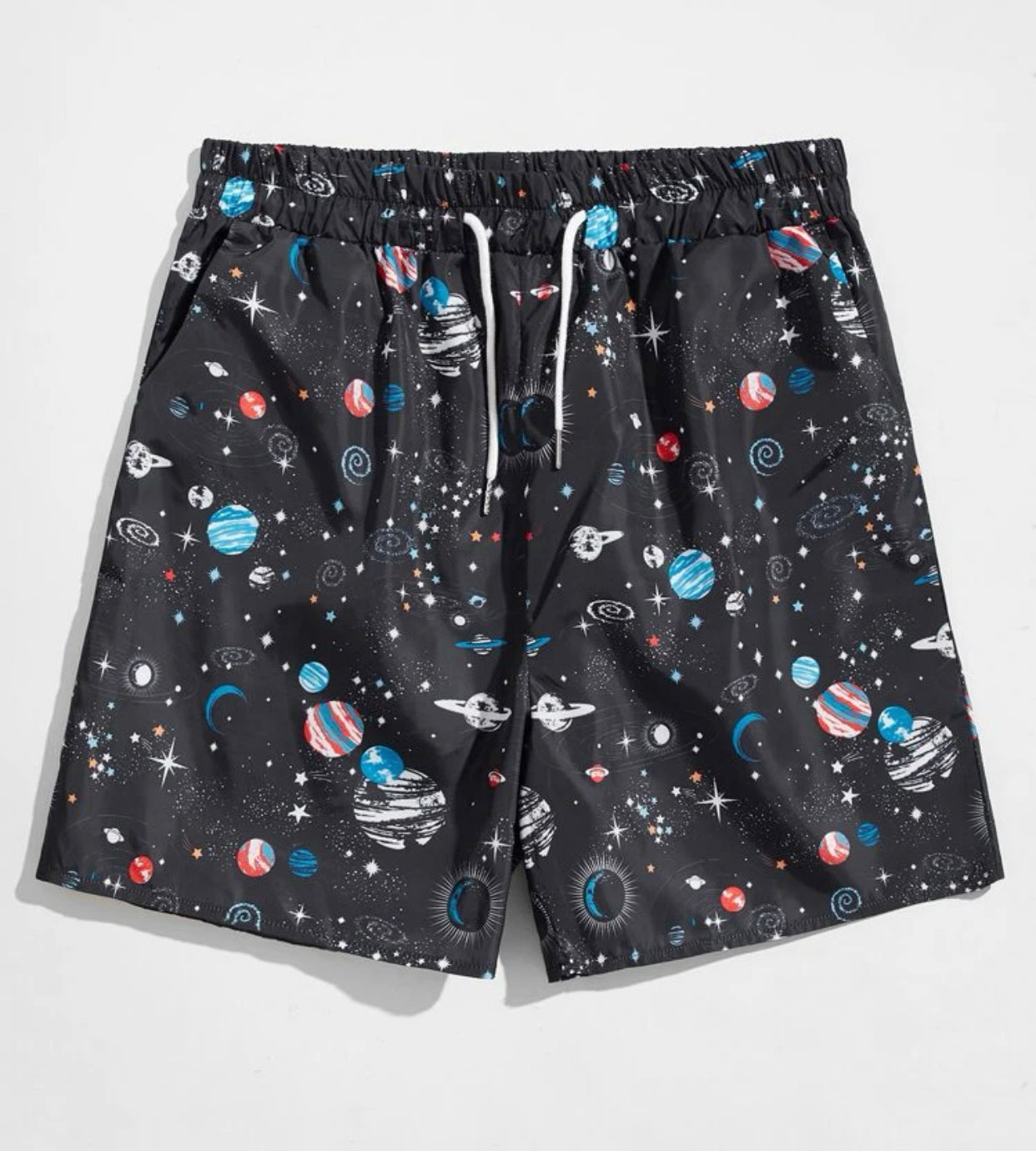 Men’s planets print drawstring swim trunks