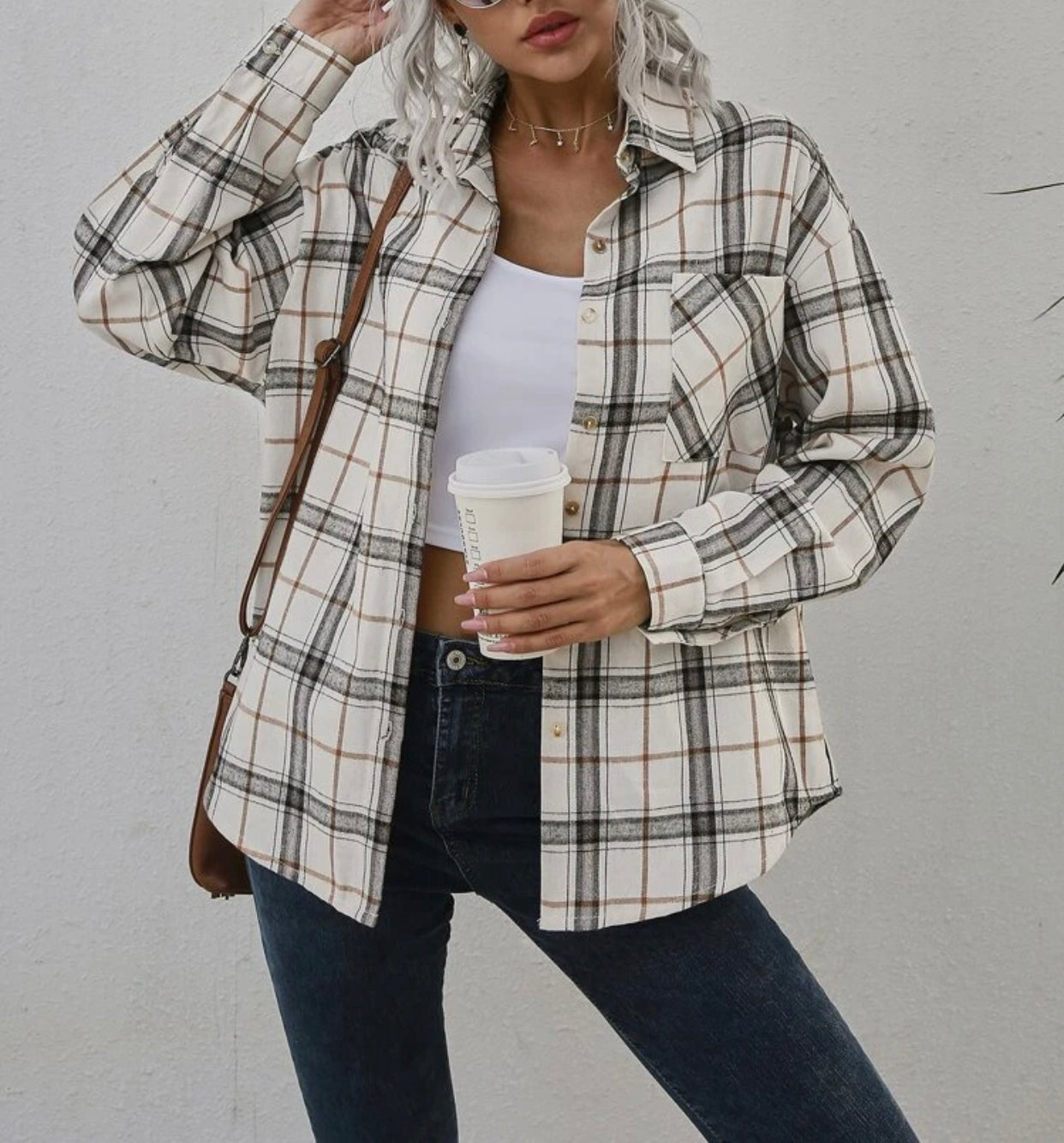 Plaid patched pocket drop shoulder coat