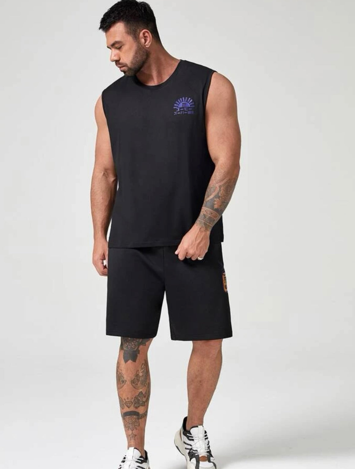 Extended sizes men Japanese character graphic tank top with shorts