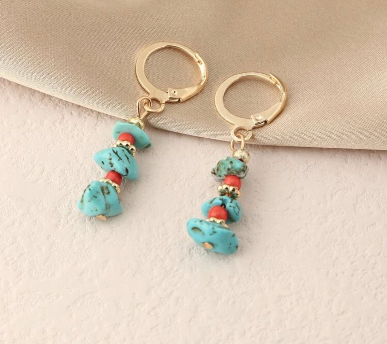 Gold coated 925 sterling silver Stone & bead decor dangle earrings