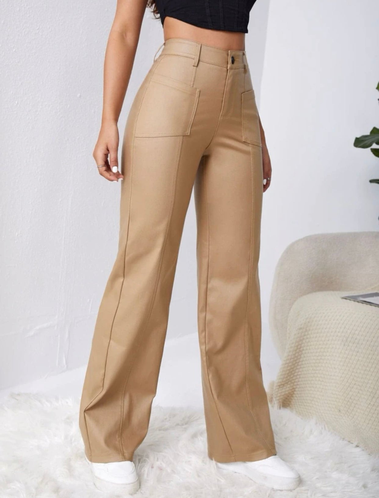 High-rise coated wide leg jeans