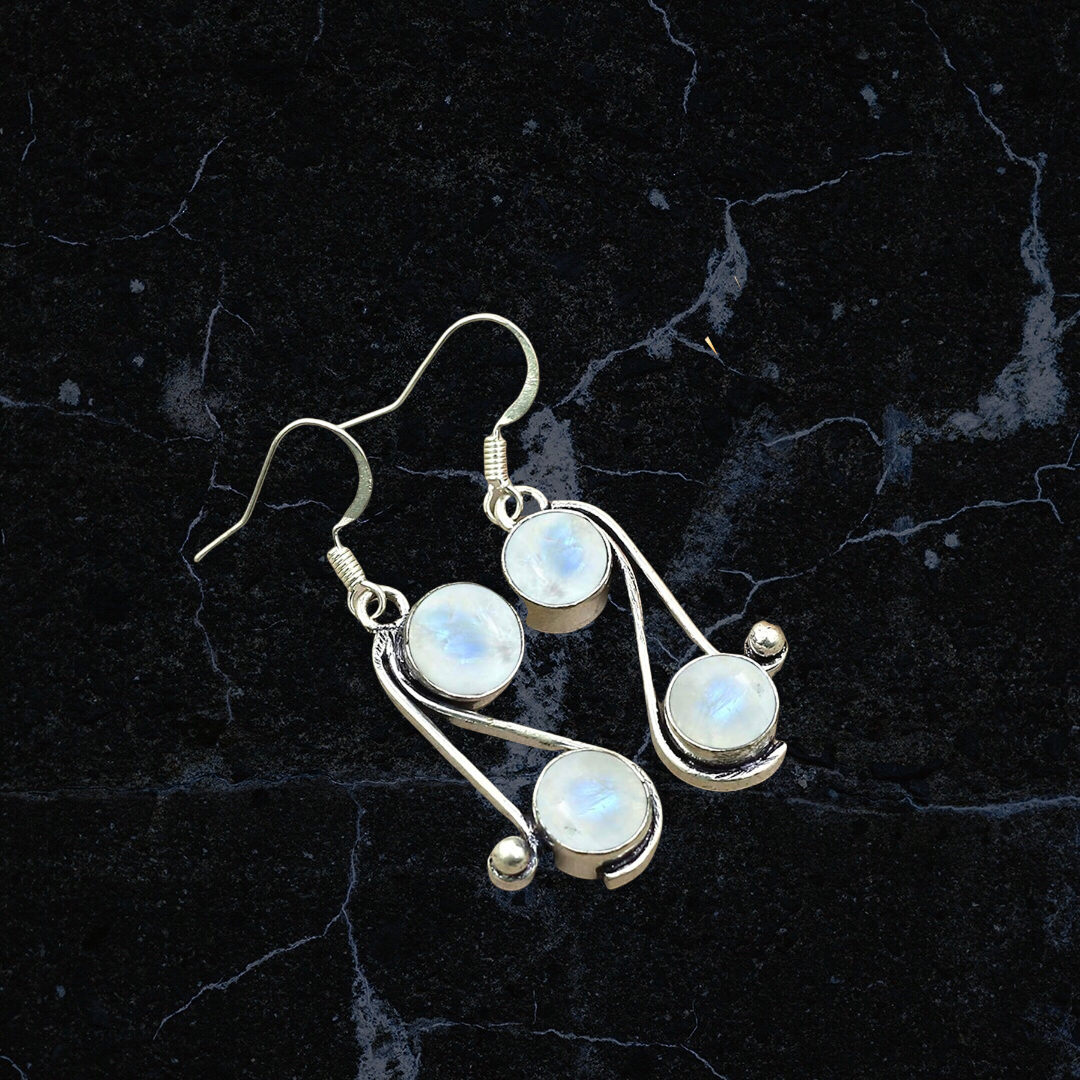Natural Moonstone 8mm Round Shape Gemstones 925 Silver Overlay handmade Dangle Earrings