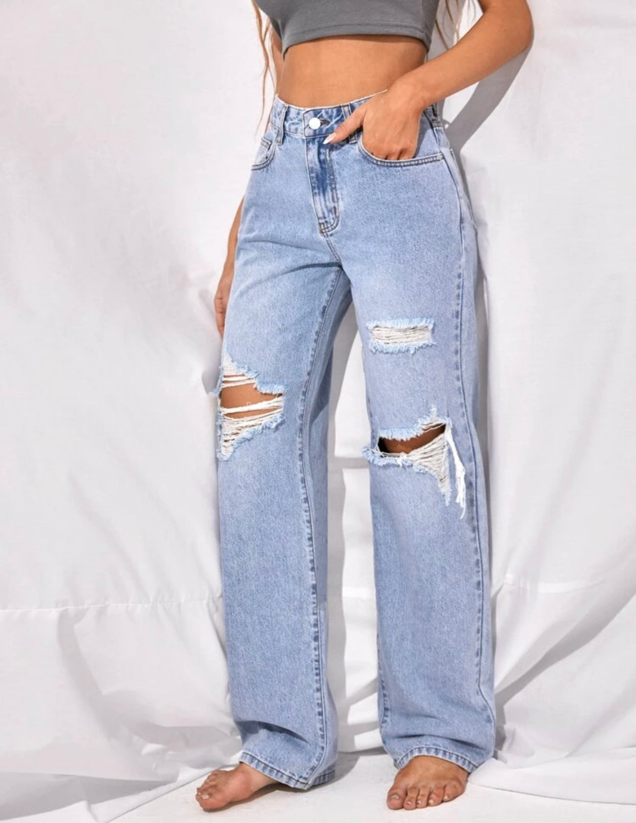 Women’s recycled denim high waisted ripped wide leg jeans
