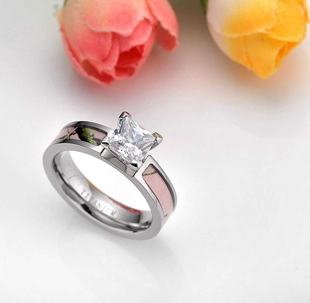 Pink Camo Titanium Rings with Cubic Zirconia Ring Jewelry for Women Size 4-13