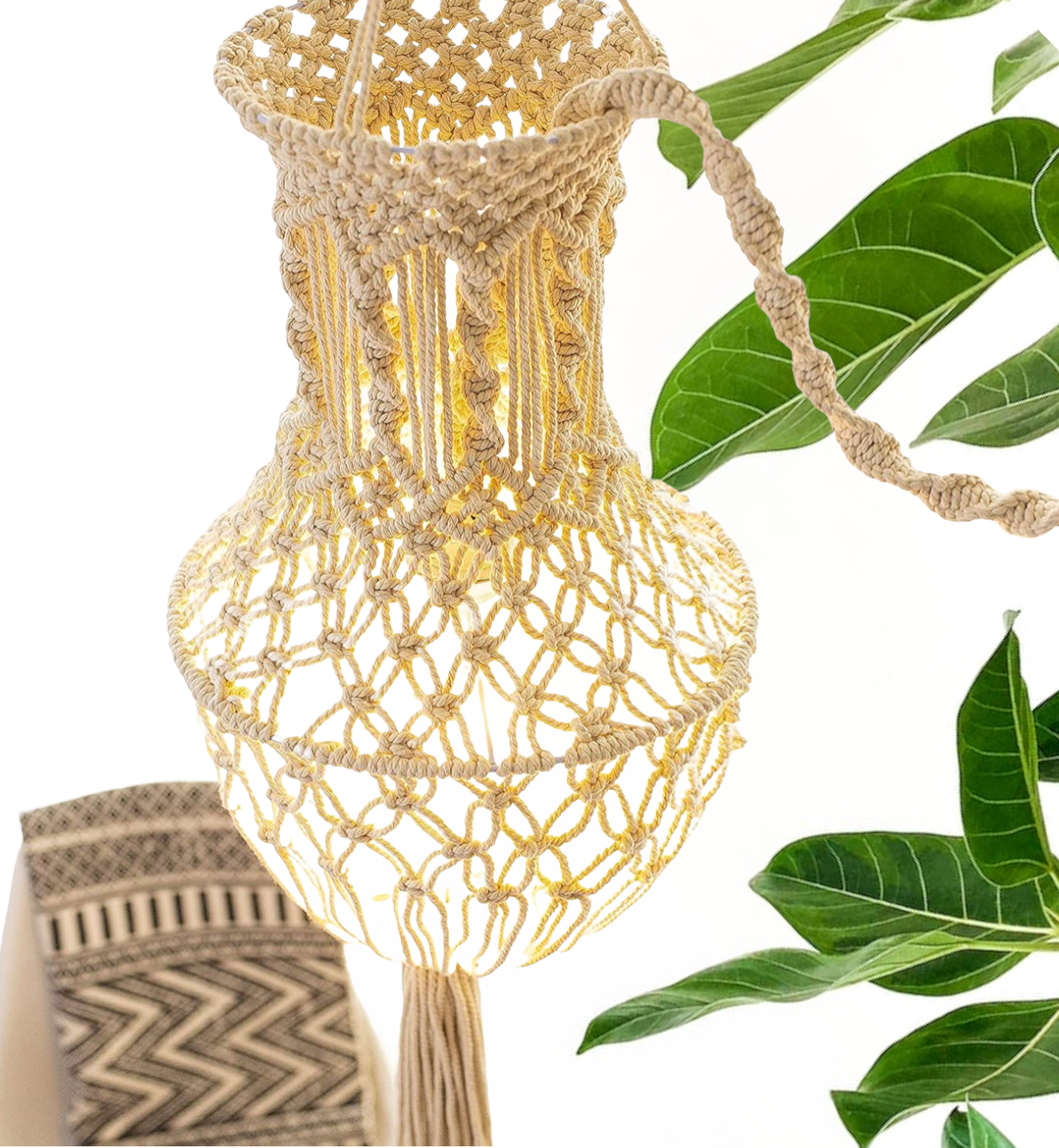 Macrame chandelier Boho Bedroom Hanging Lamp Shades with Plug in Cord