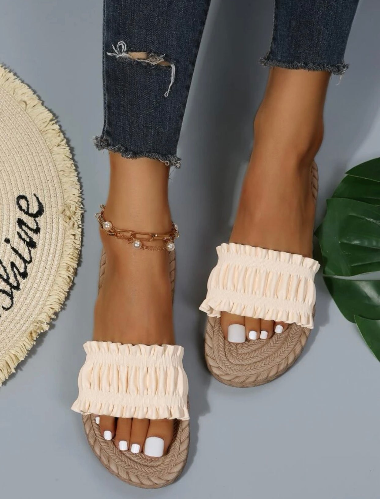 Ruched frill trim single band slide sandals