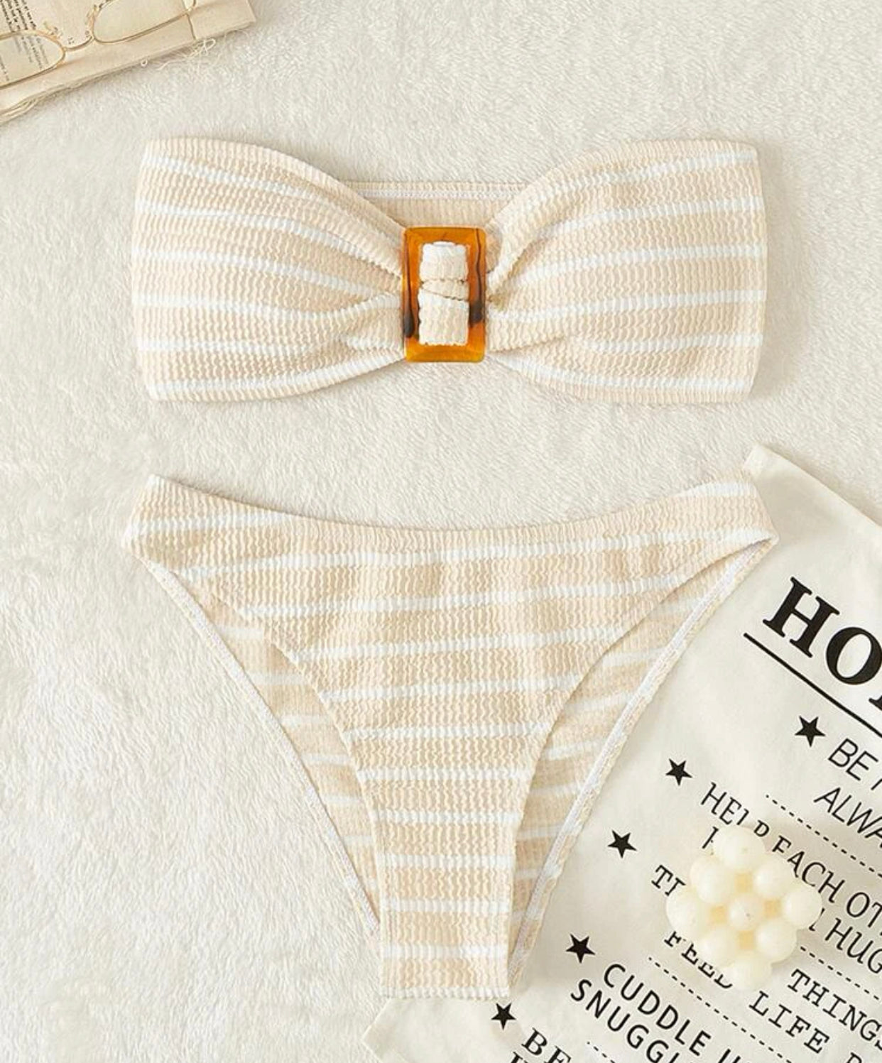 Khaki striped textured bandeau bikini swimsuit