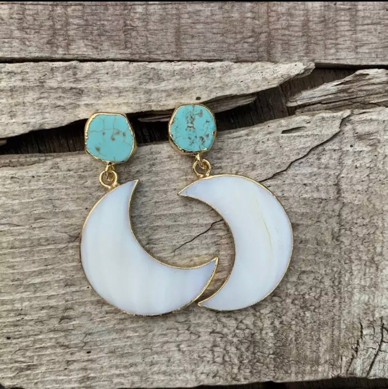 Gorgeous mother of Pearl crescent moon earrings dipped in gold, with raw turquoise. - Christina’s unique boutique LLC