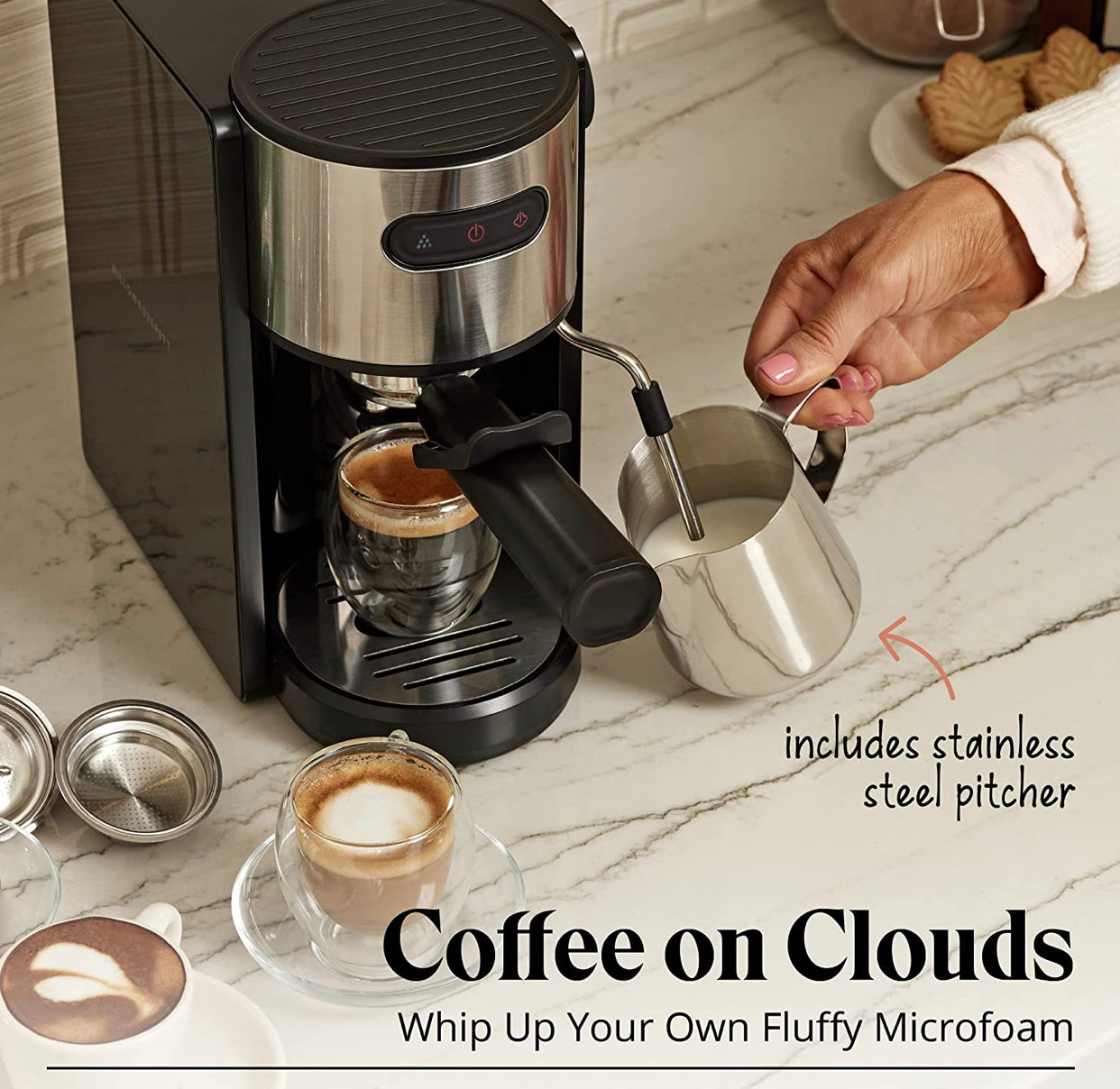 Coffee Espresso Machine, Compact Espresso Machine for Coffee Grinds and Espresso Pods with Milk Frother and Steam Wand, Includes 5oz Frothing Pitcher