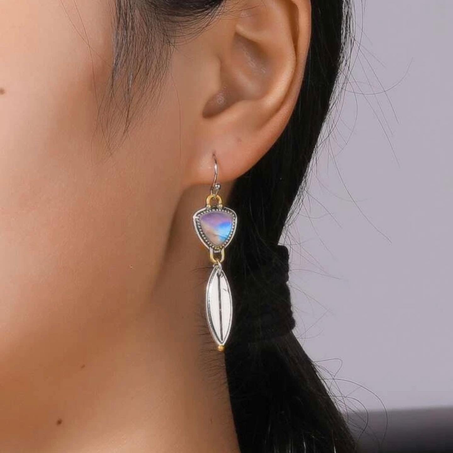 Geometric decor labradorite inspired dangle earrings. Style#2