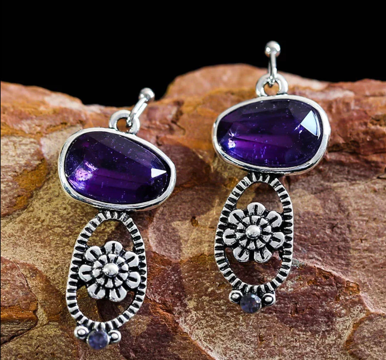 Boho 925 silver plated purple amethyst floral design dangle earrings