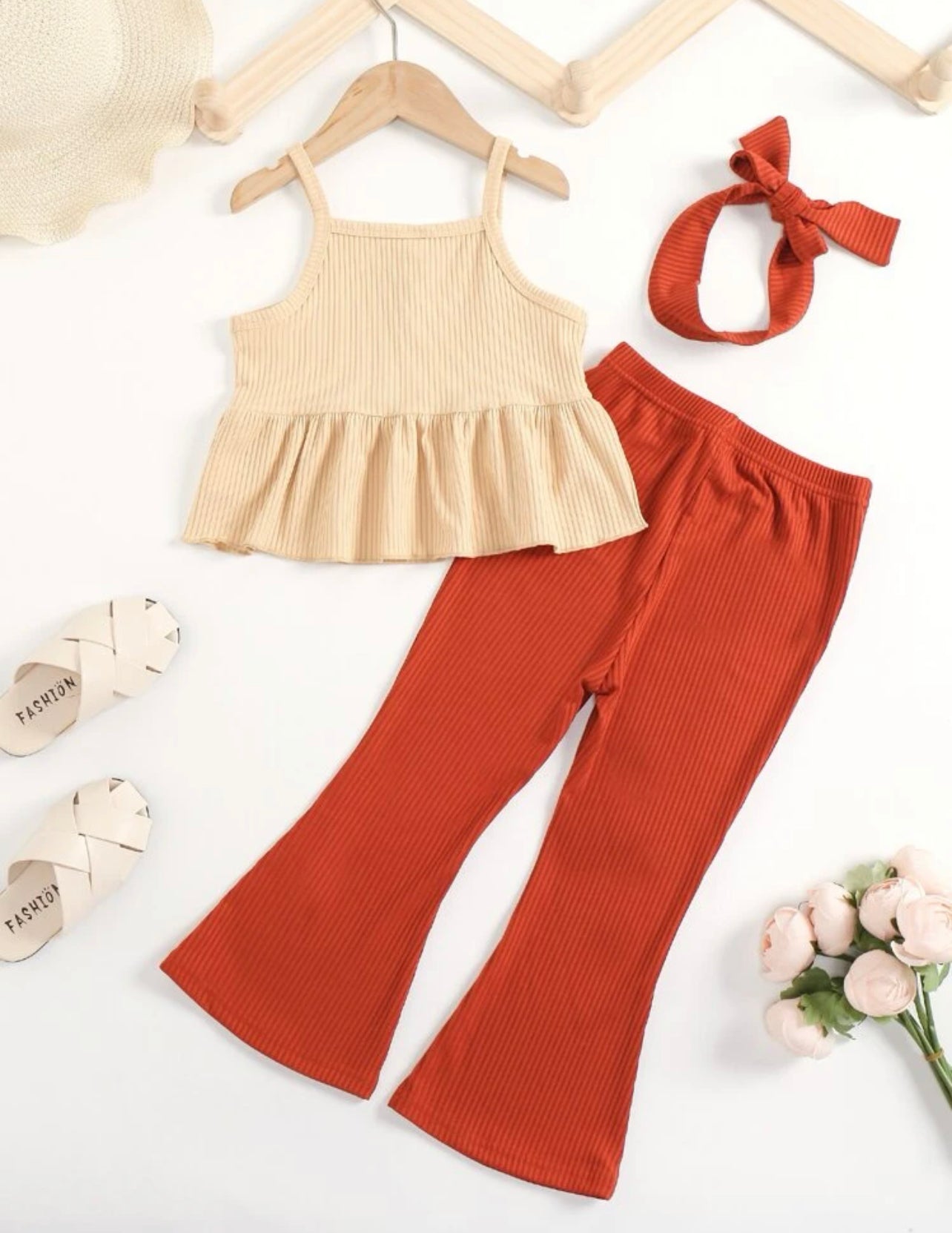 Toddler Girls Ruffle Hem Cami Top & Flare Leg Pants & Headband