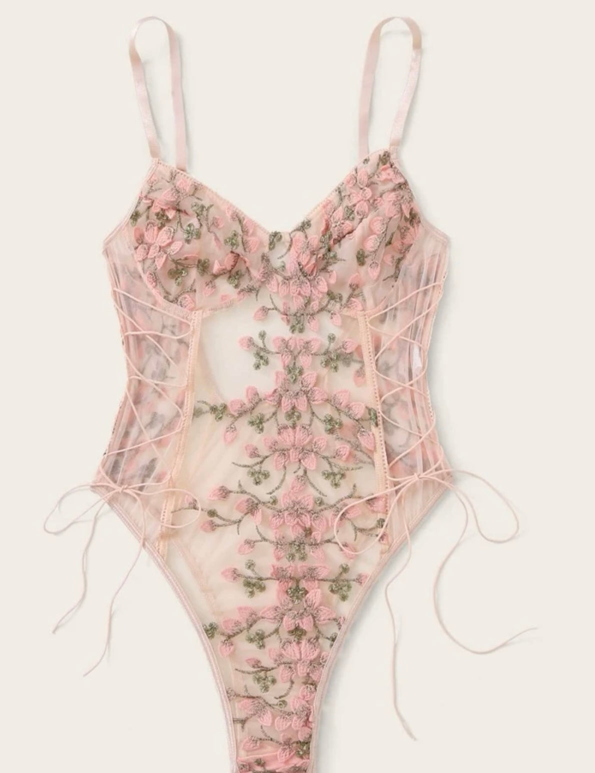 Plus embroidered mesh lace-up teddy bodysuit