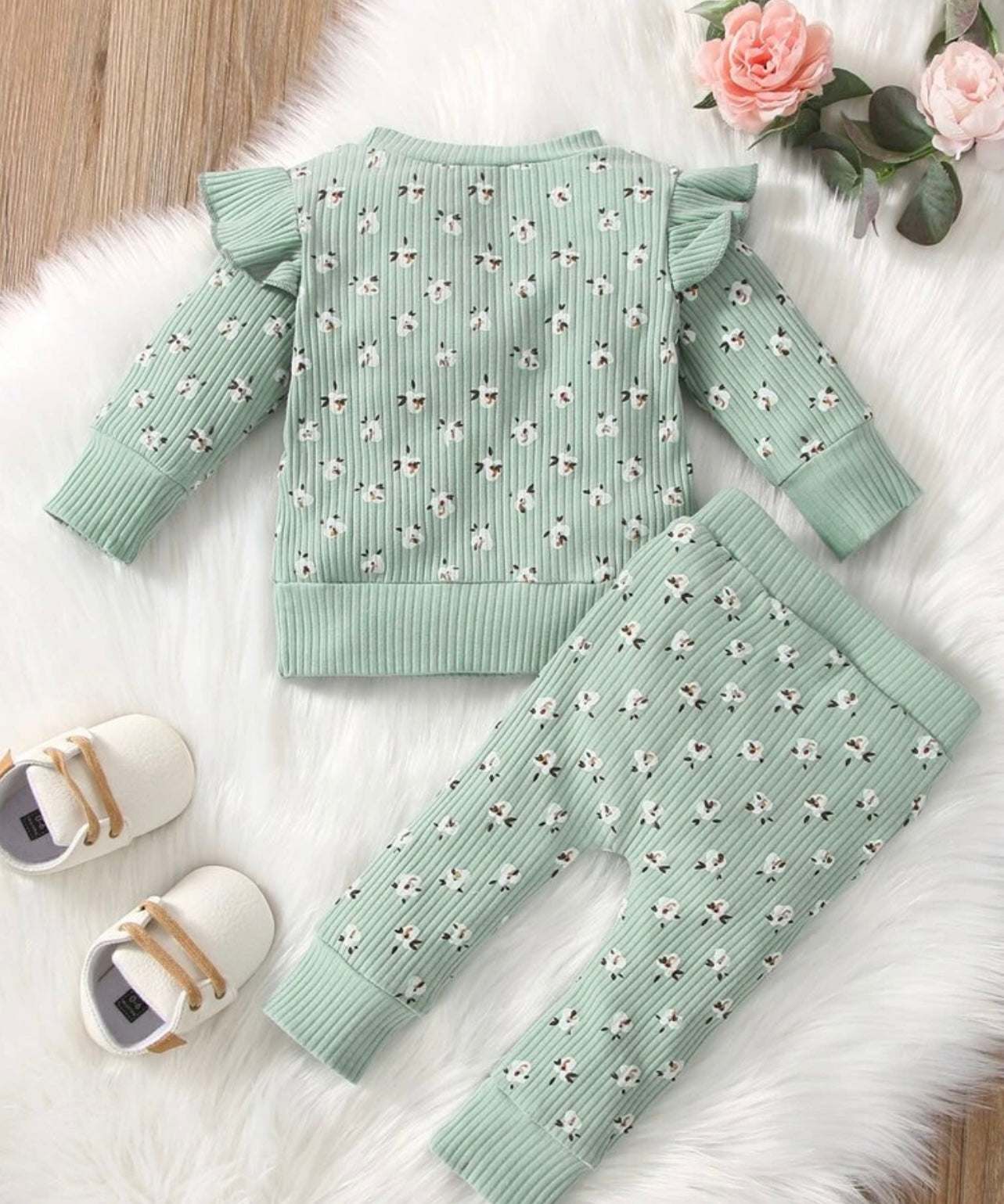 Floral Print Ruffle Trim Sweatshirt & Bow Front Pants