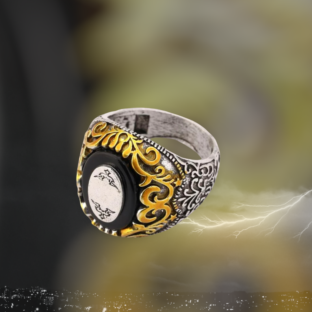 Men’s two tone scroll engraved statement ring.
