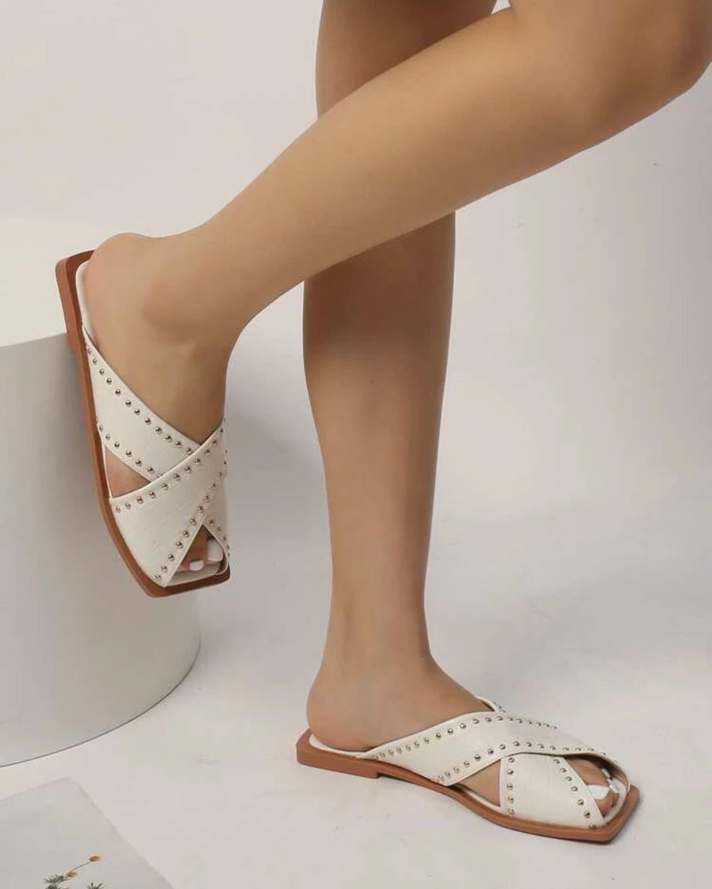 Crocodile embossed studded decor criss cross slide sandals