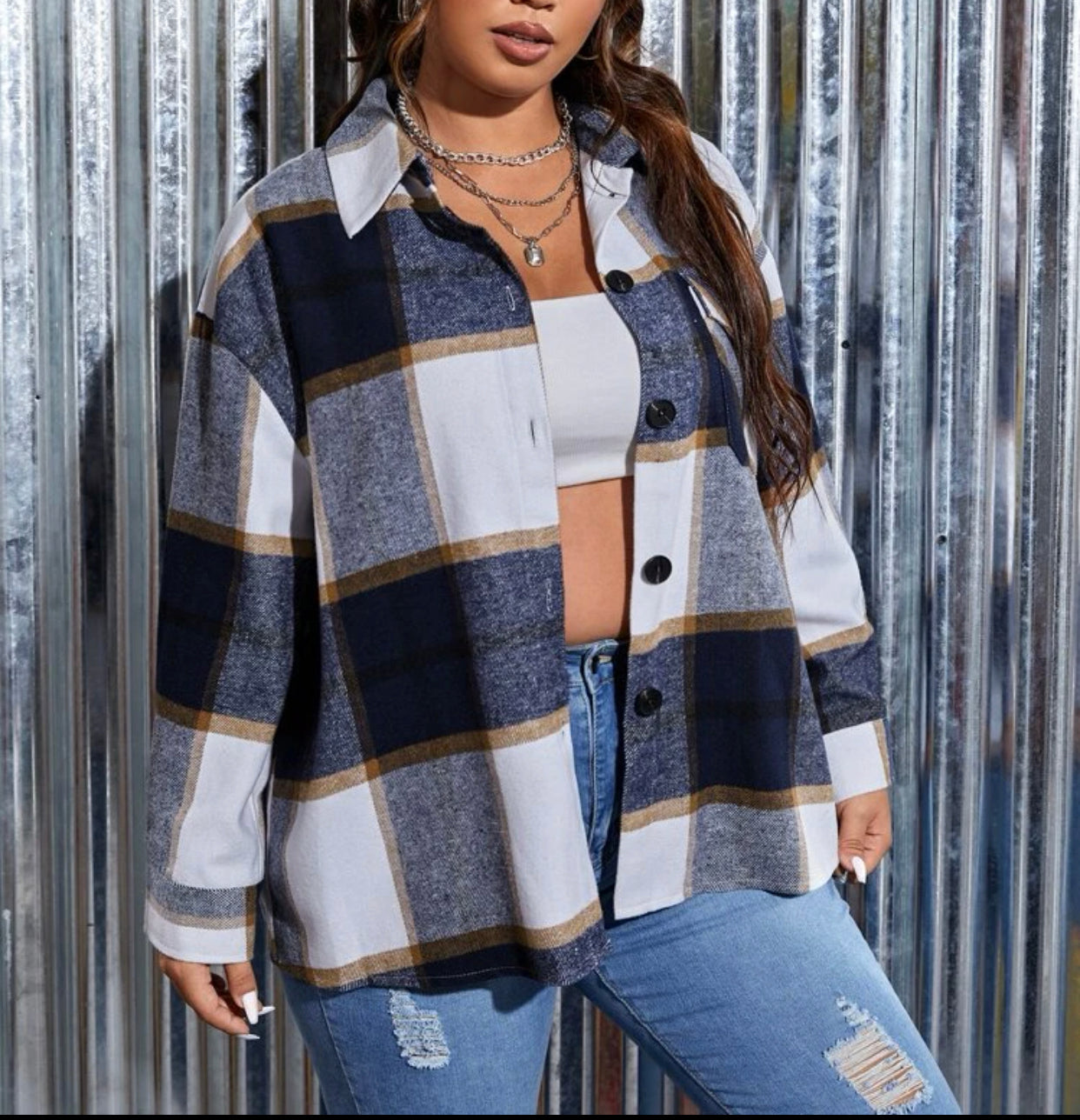 Curve & plus plaid flap pocket drop shoulder coat