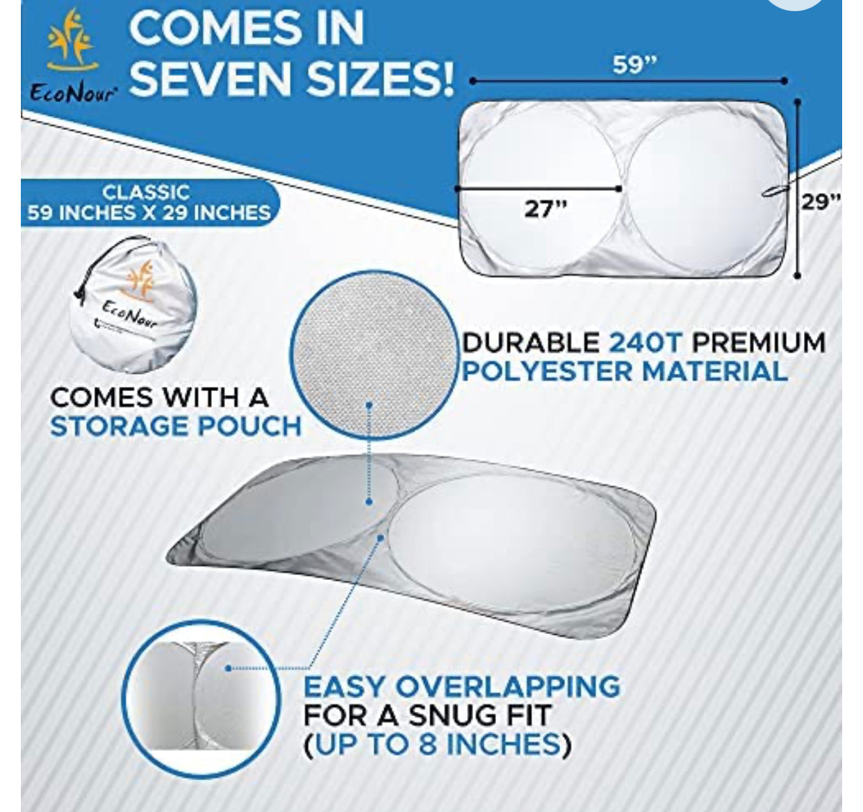 Car Windshield Sun Shade with Storage Pouch | Durable 240T Material Car Sun Visor for UV Rays and Sun Heat Protection