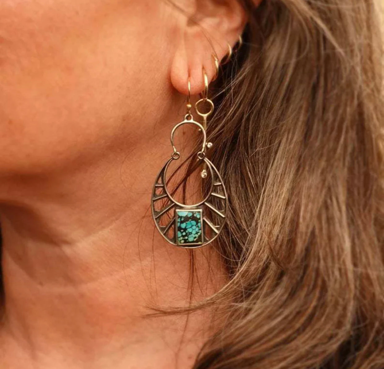 Bohemian hollow out square blue stone dangle earrings