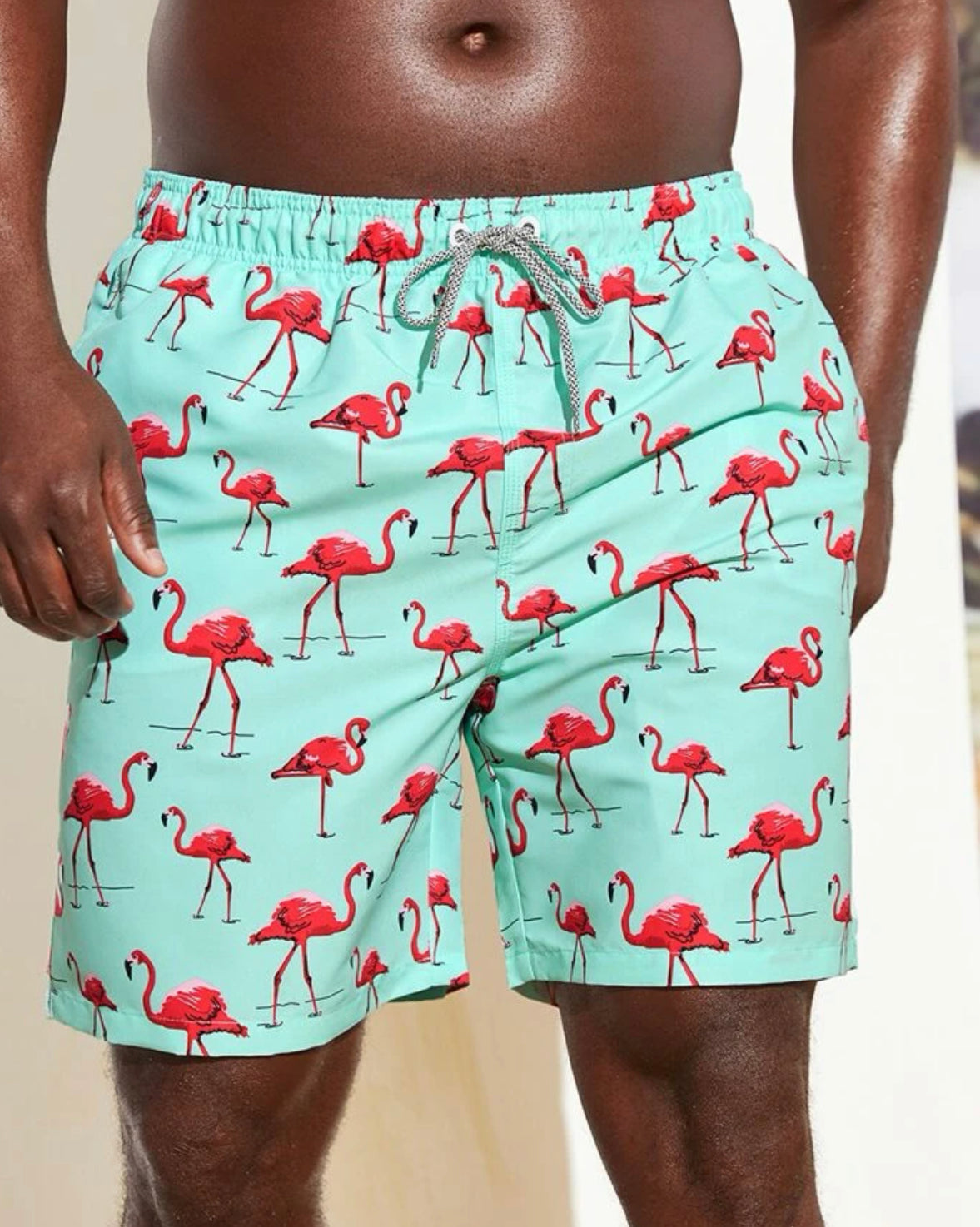 Extended sizes men flamingo print drawstring waist swim trunks