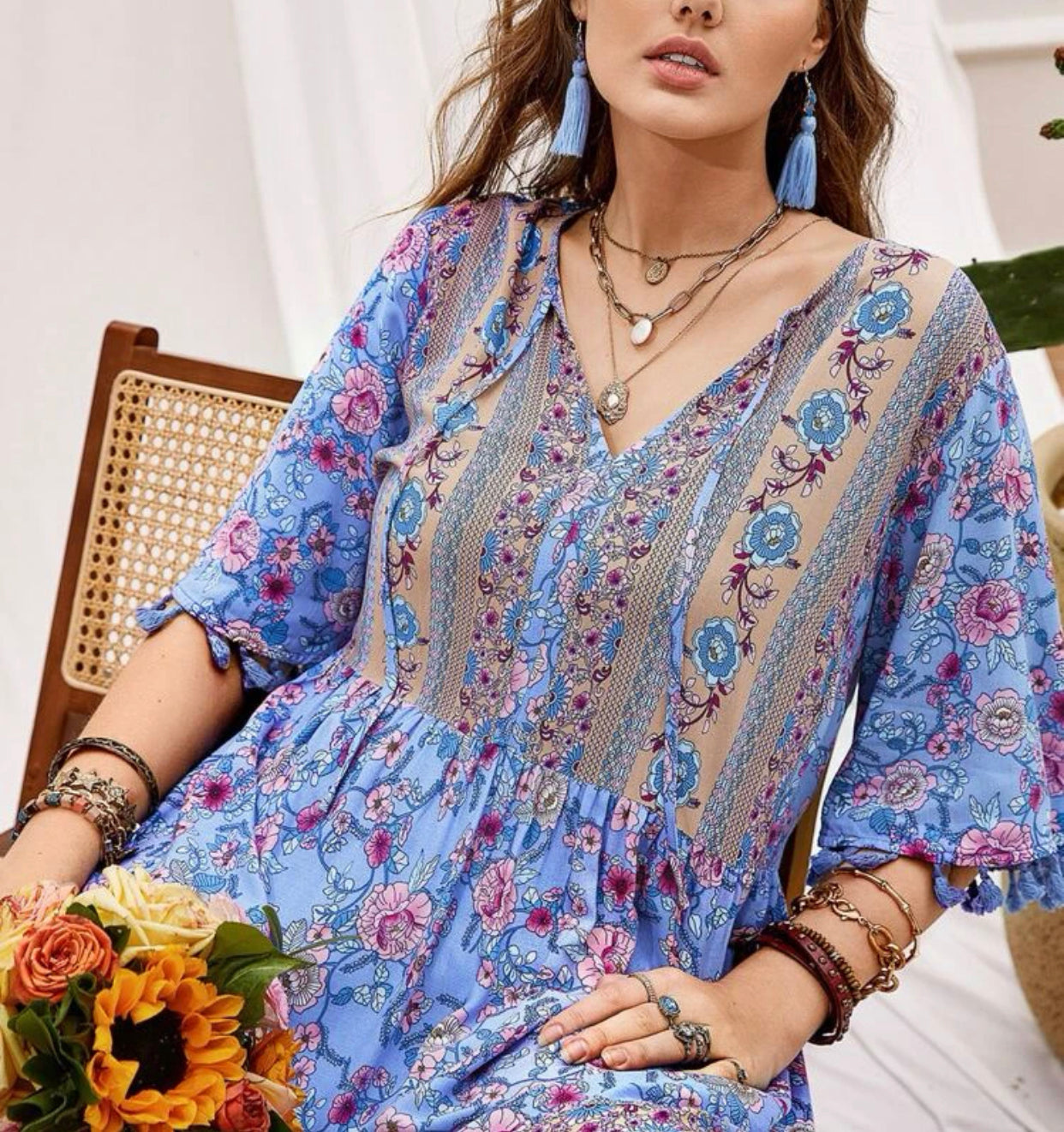 Plus floral print tie front tassel trim dress