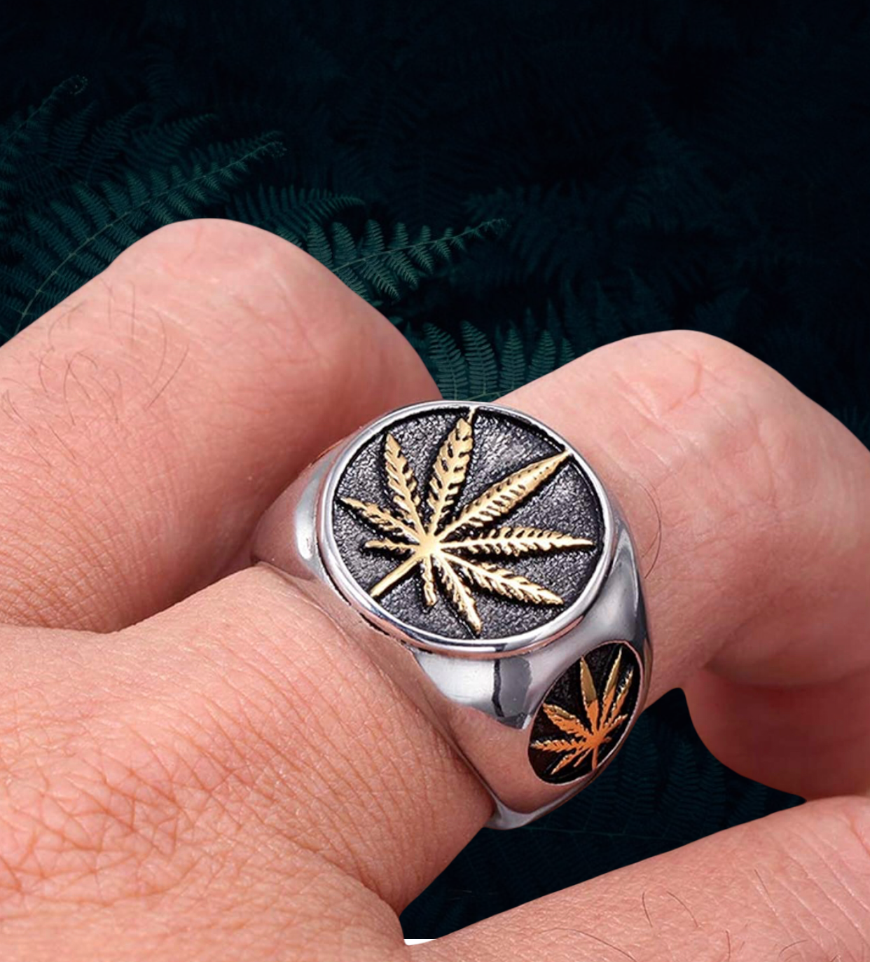 Men's Vintage Stainless Steel Ring Weed Marijuana Cannabis Leaf Symbol Ring. Size 7-15