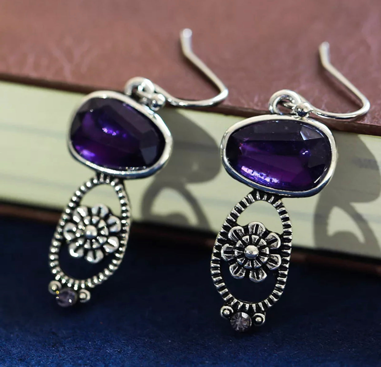 Boho 925 silver plated purple amethyst floral design dangle earrings