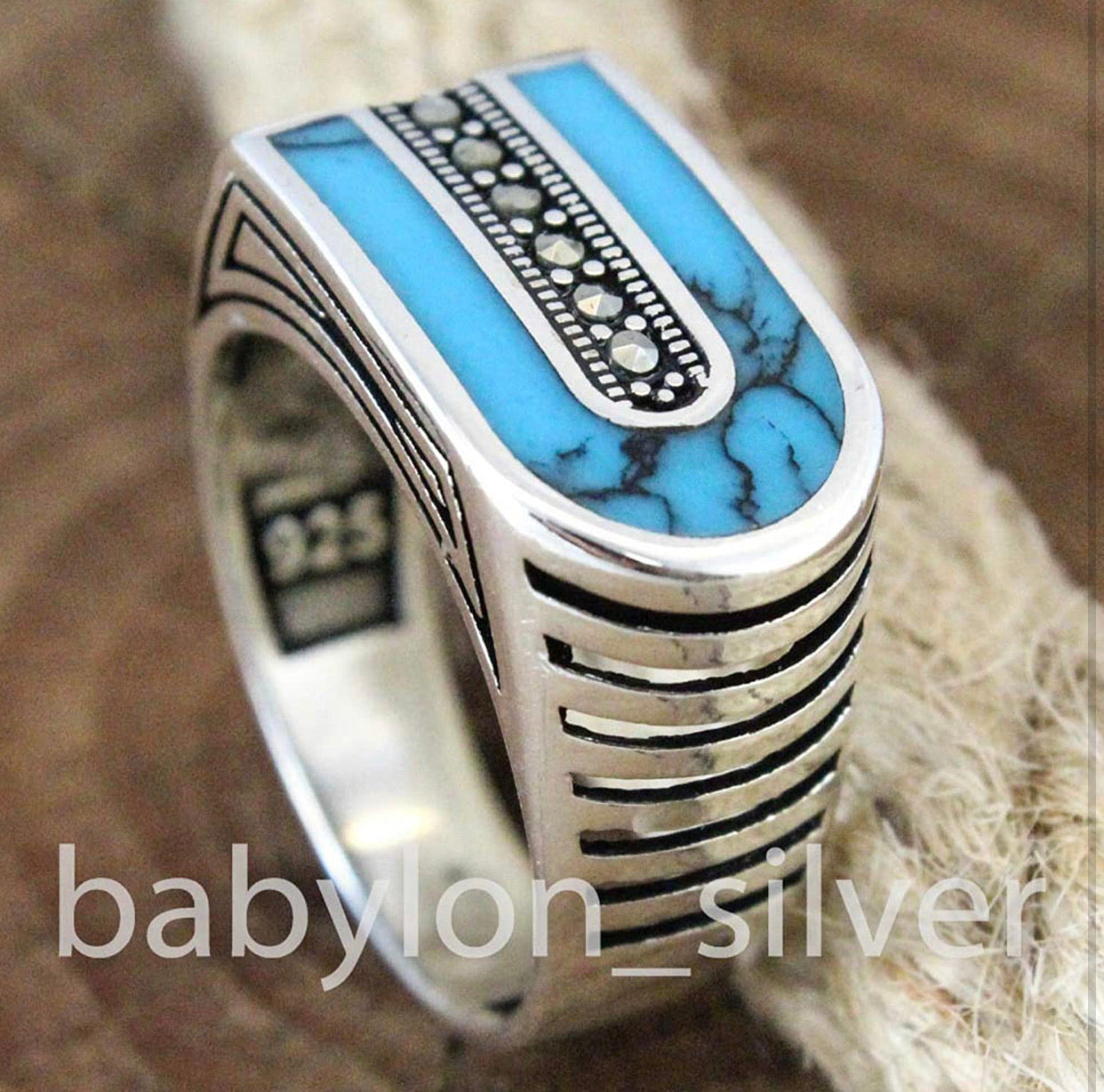Solid 925 Sterling Silver Turkish Handmade Marcasite & Simulated Turquoise Luxury Men's Ring - Christina’s unique boutique LLC