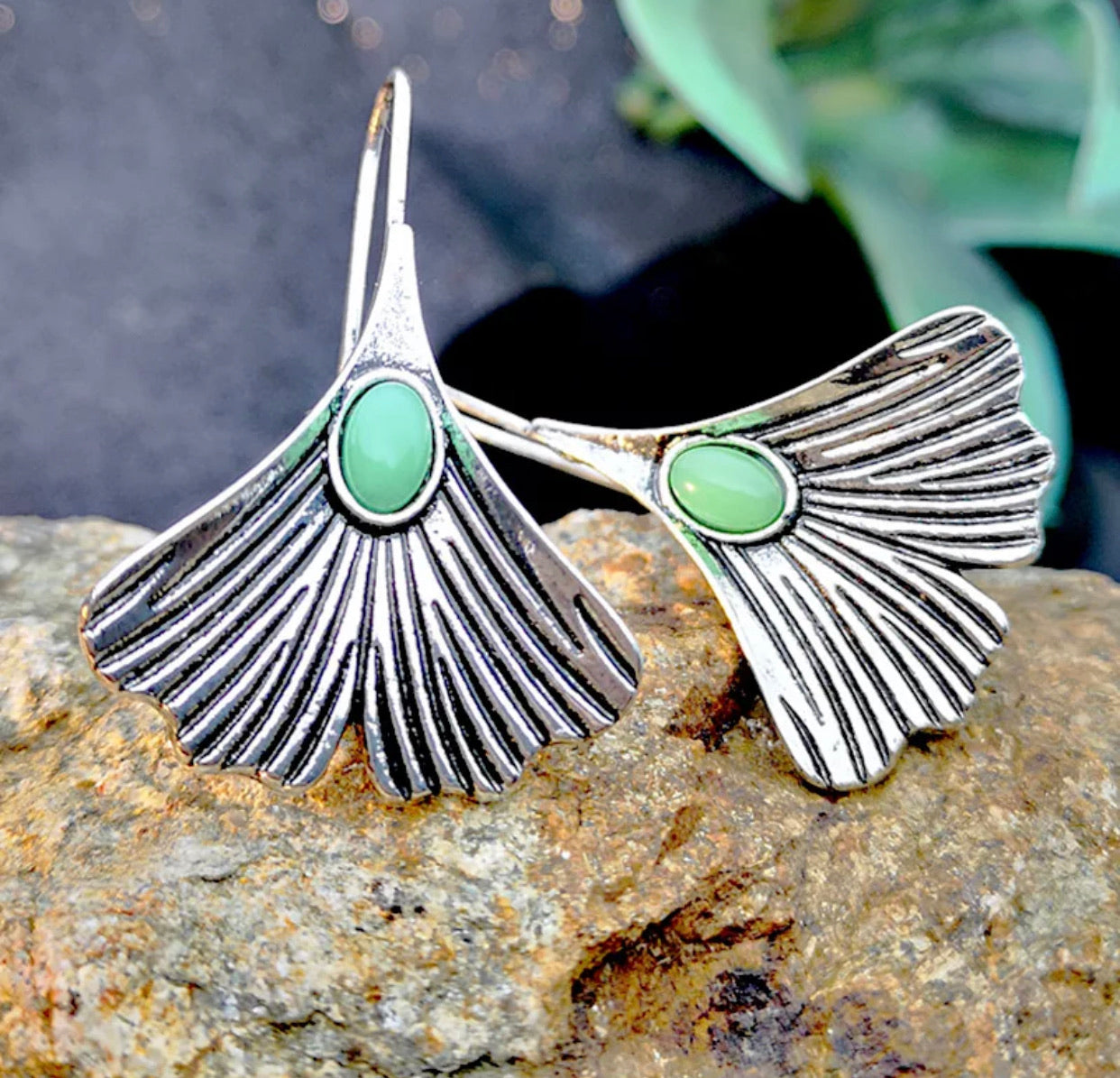 Handmade unique vintage style green stone inlaid dangle earrings. - Christina’s unique boutique LLC