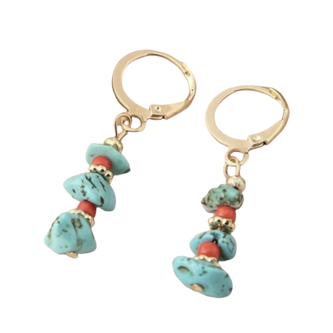 Gold coated 925 sterling silver Stone & bead decor dangle earrings