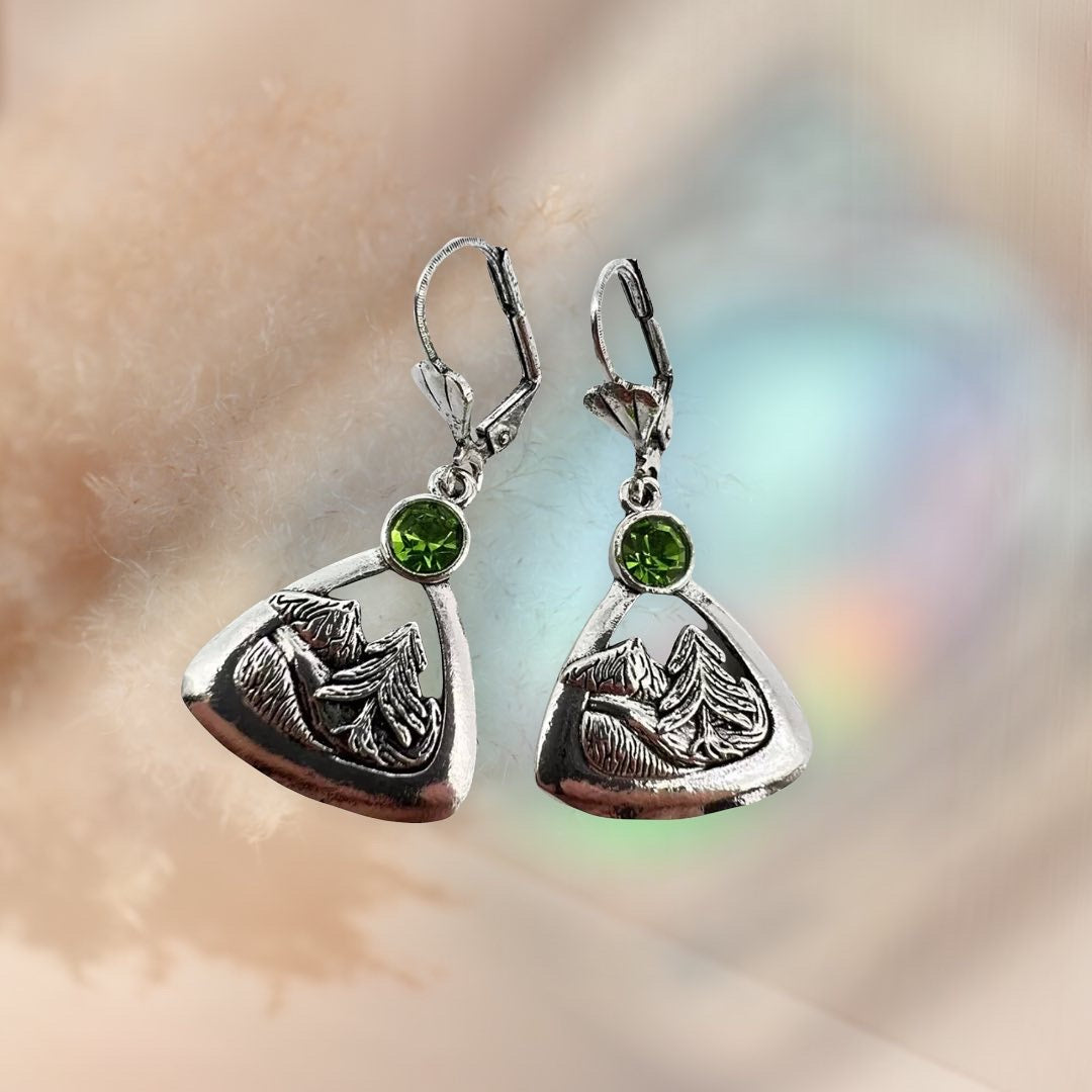 Mountain peak illustration earring With Green Tourmaline, Silver color, Leverback dangle