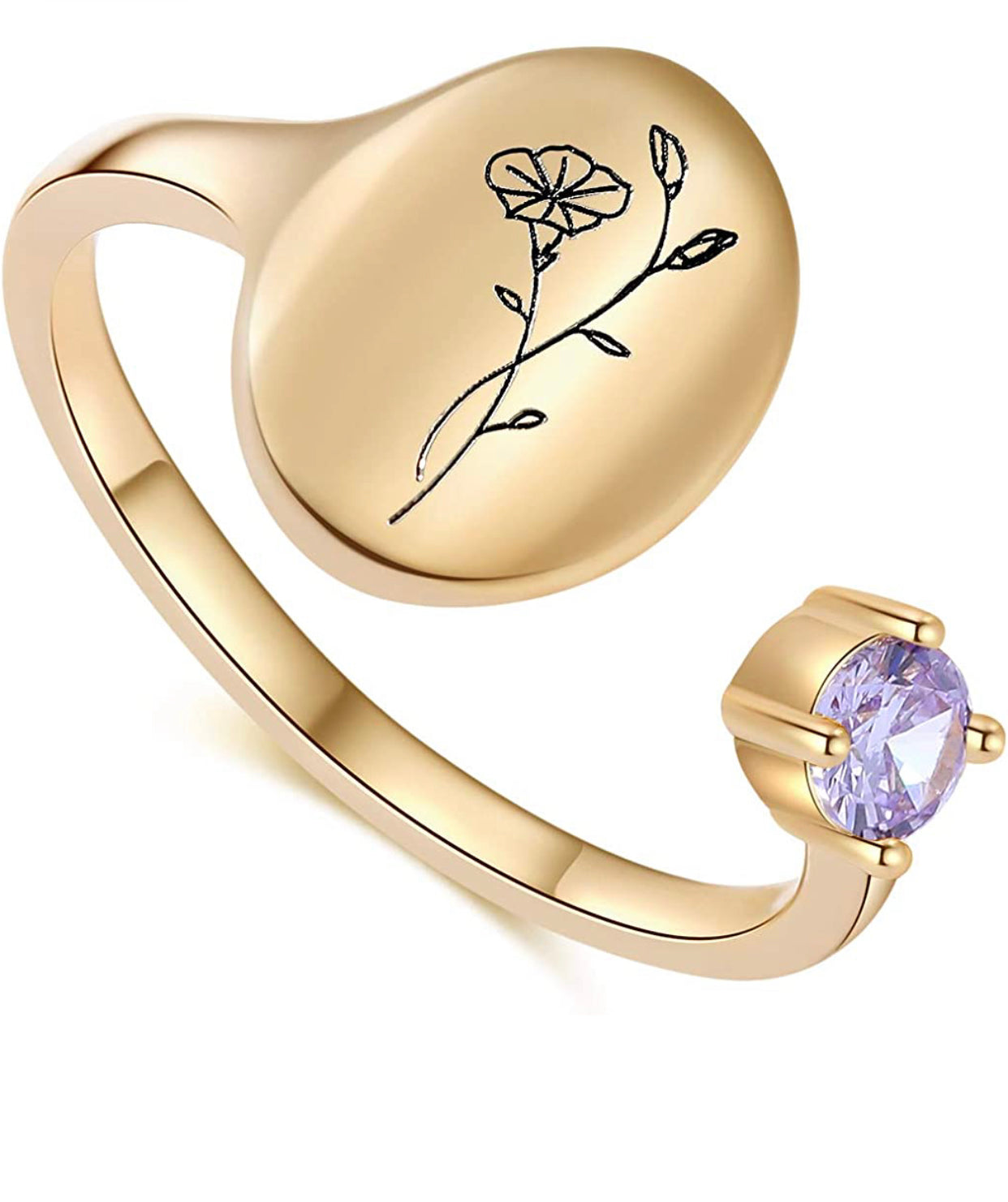 Handmade Birth Month Flower Signet 14K Gold Plated Ring Birth Stone Ring